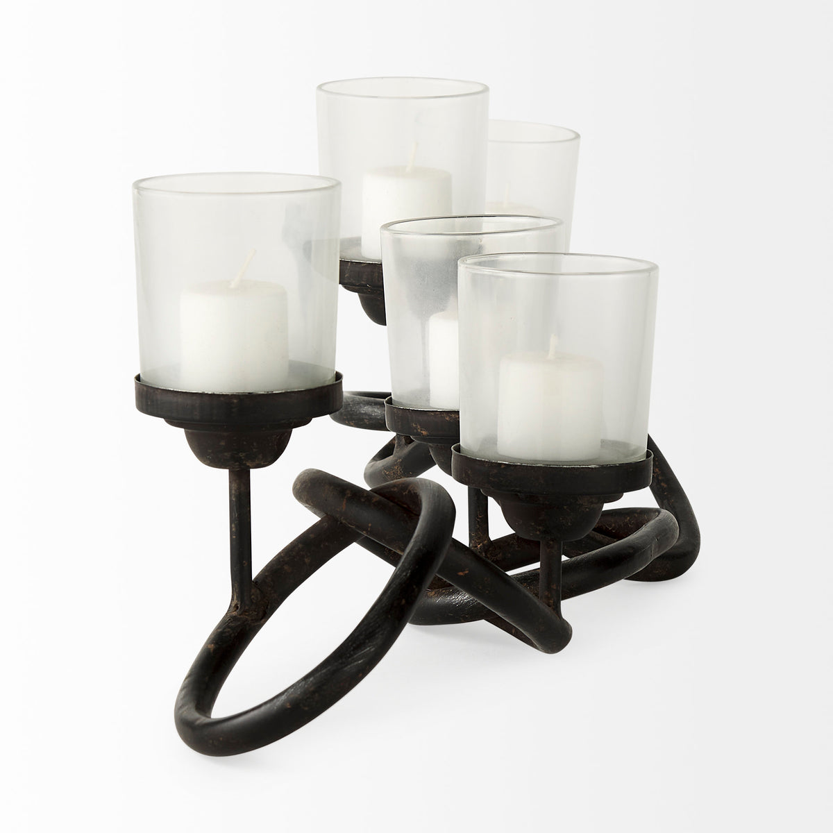 Quito Black Metal Chain-Link Five Candle Table Candle Holder-Table Candle Holders-DECOROLALA