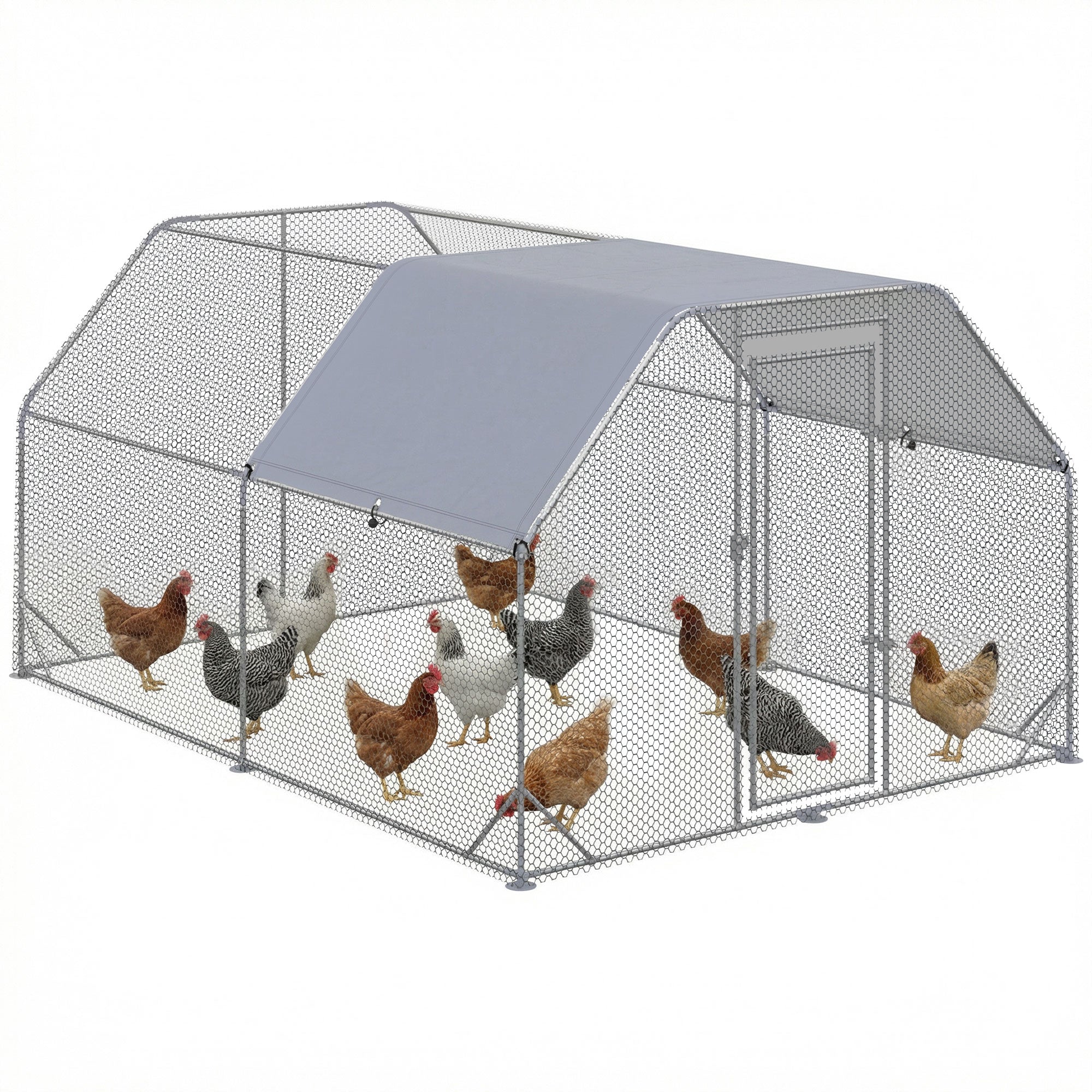 Chicken Run Outdoor, Galvanized Large Metal Chicken Coop Cage, Walk-in Enclosure Poultry Hen Run House Playpen Rabbit Hutch with Flat Roof, Cover, 9.2'x12.5'x6.5', Silver