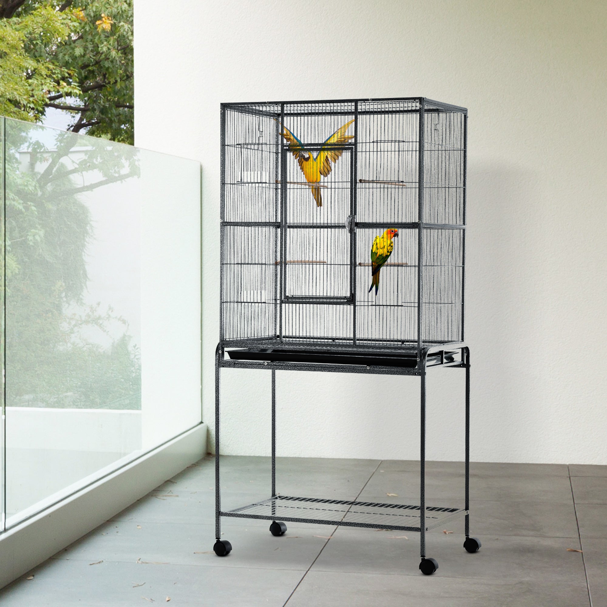 Large Rolling Metal Bird Cage Bird House with Detachable Rolling Stand, Storage Shelf, Wood Perch Food Container - Black