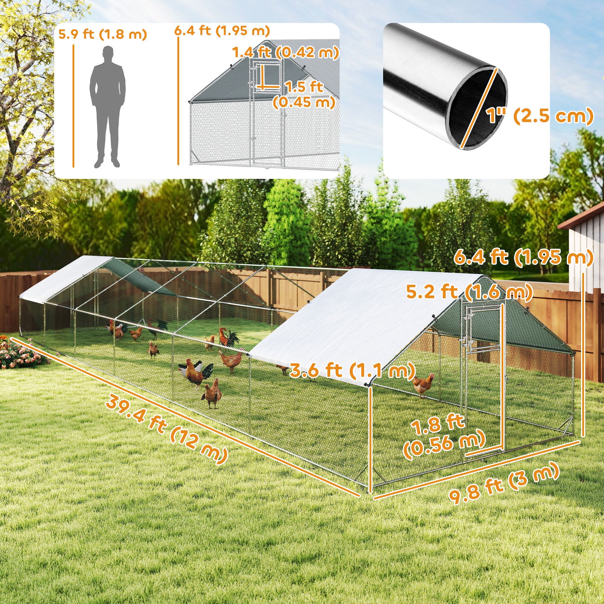 Metal Chicken Coop with Water- and UV-Protection Cover for Backyard Hen, Duck, Rabbit, 39.4' x 9.8' x 6.4'