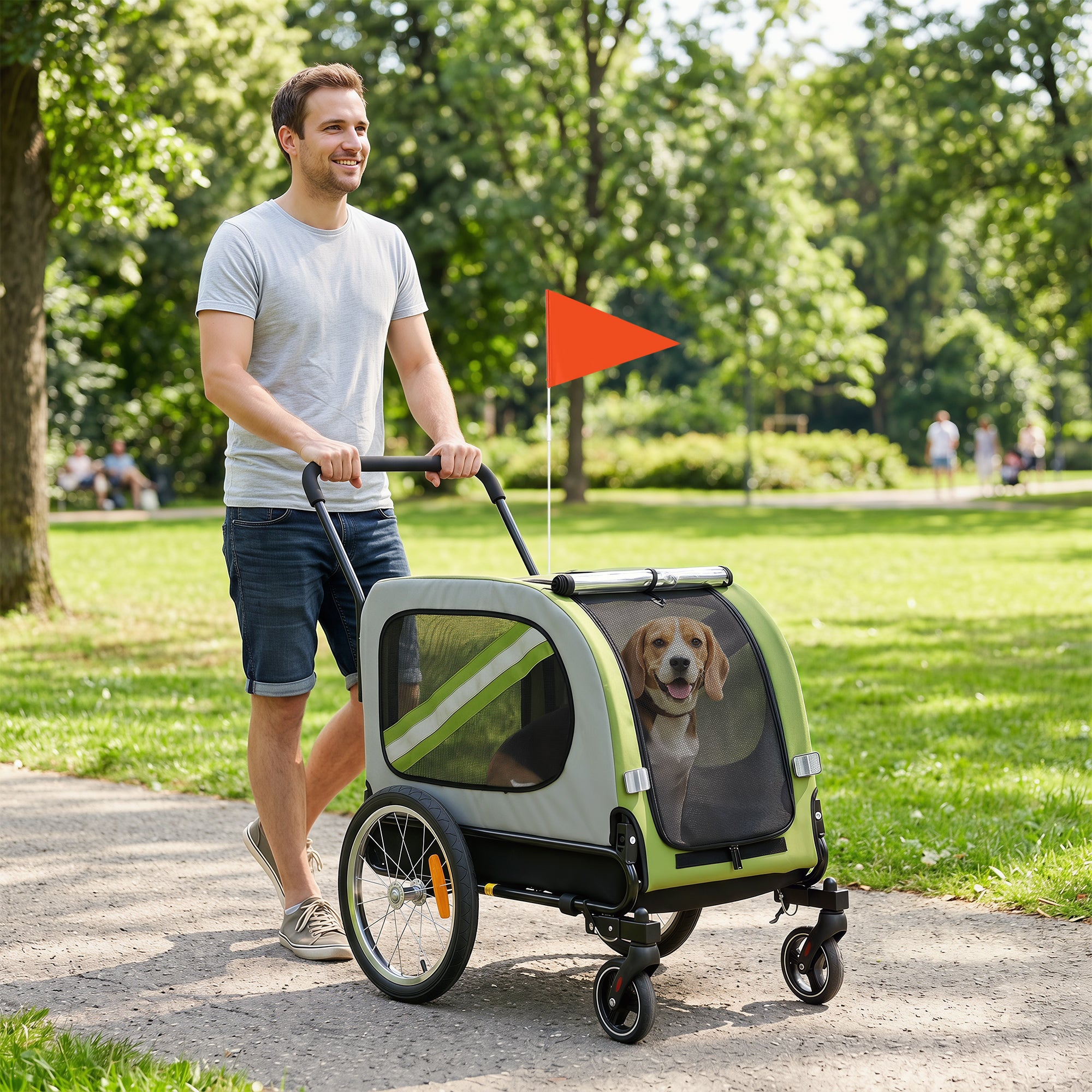 Dog Bike Trailer, 2-in-1 Dog Wagon Pet Stroller for Travel with Universal Wheel Reflectors Flag, Green