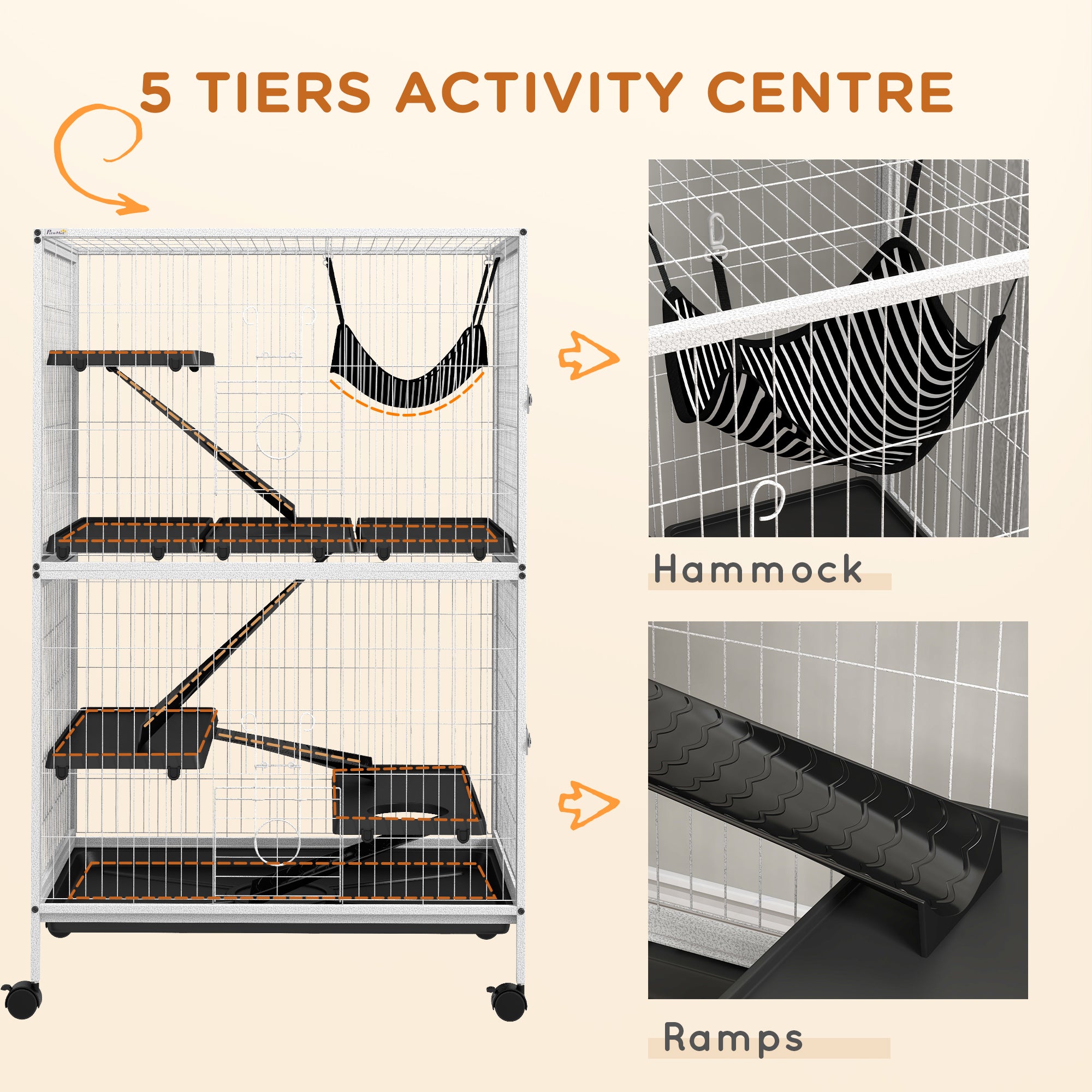 Cage roulante à 5 niveaux pour petits animaux, cage de luxe pour cochon d’Inde, cage pour furet, vison, chinchilla, chaton et lapin, gris clair