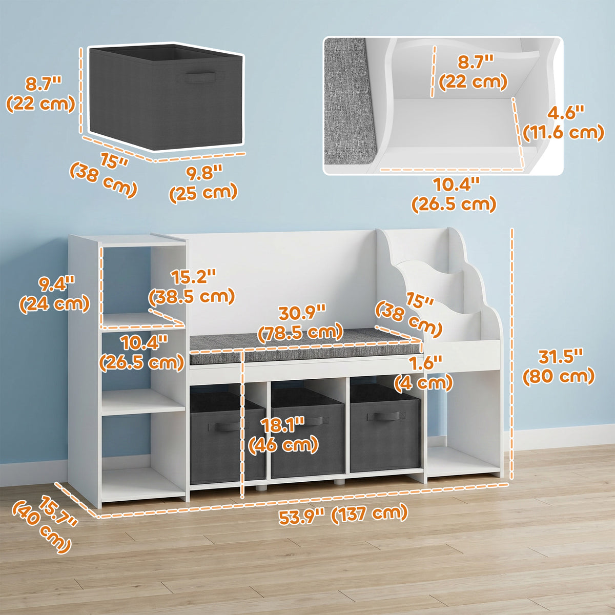 Kids Storage Shelf with Reading Nook, Toy Storage Organizer with Seat Cushion, 3 Fabric Drawers for Playroom, Nursery
