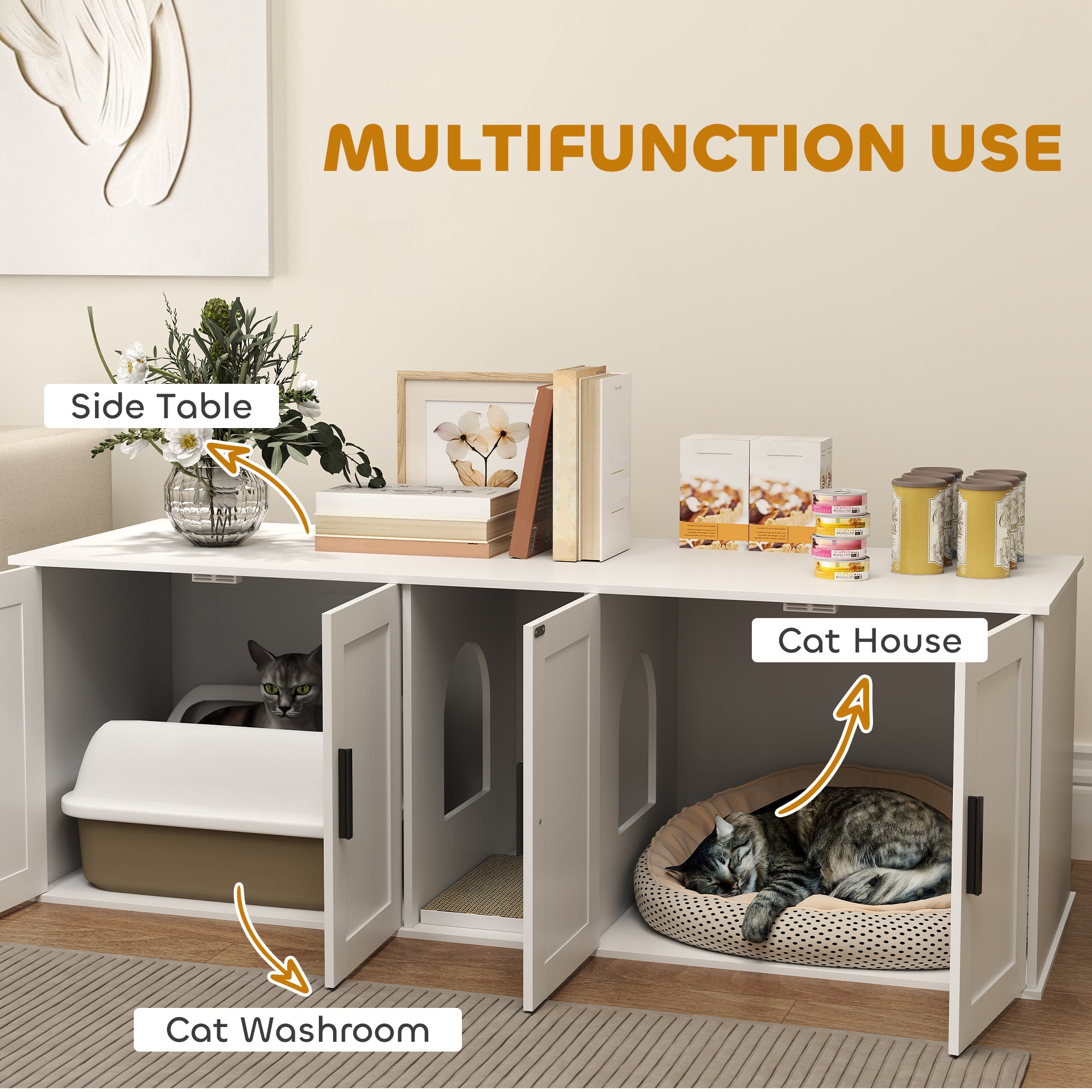 Cat Litter Box Enclosure with Double Room, Scratching Board for 2 Cats, 57" x 19" x 20", White