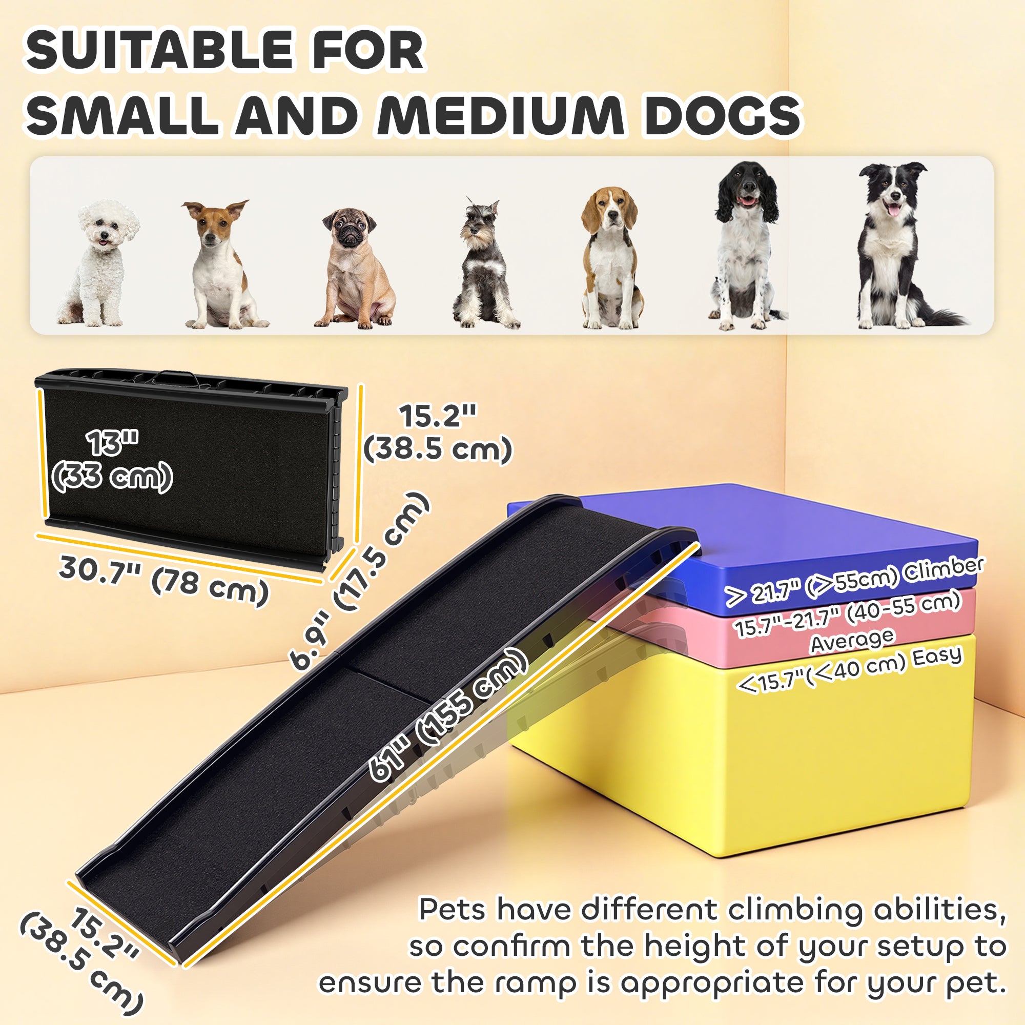 61 Inches Folding Pet Ramp with Frosted Surface, Raised Side Rails, for Cars, SUVs