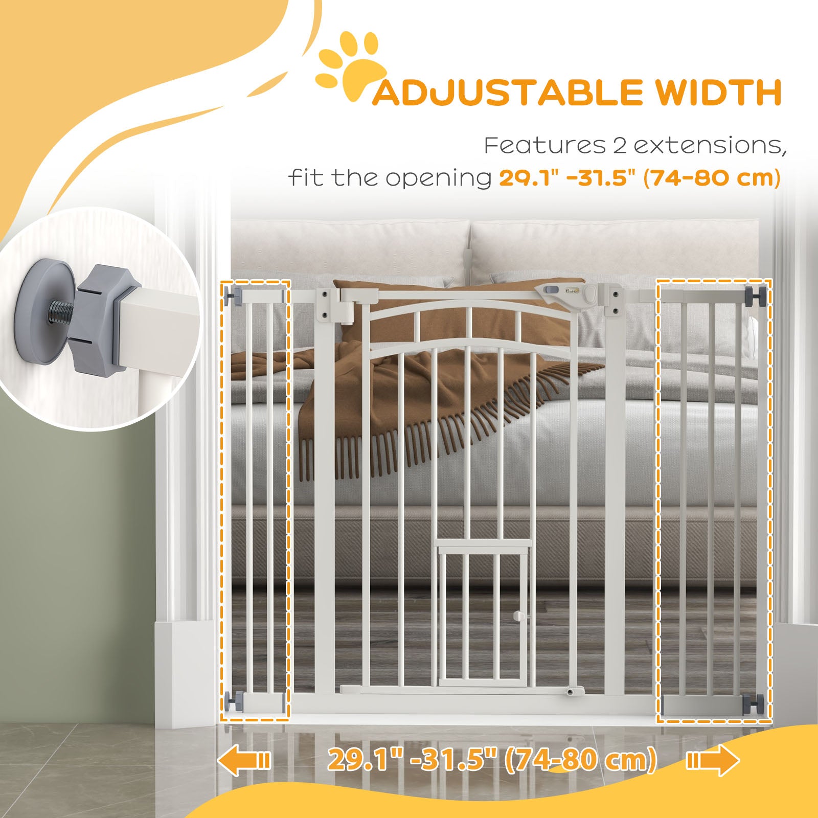 Barrière de sécurité pour animaux à fermeture automatique, barrière d’escalier avec chatière, double verrouillage pour portes, couloirs et escaliers, adaptée aux ouvertures de 29"-39.4" de largeur, blanche