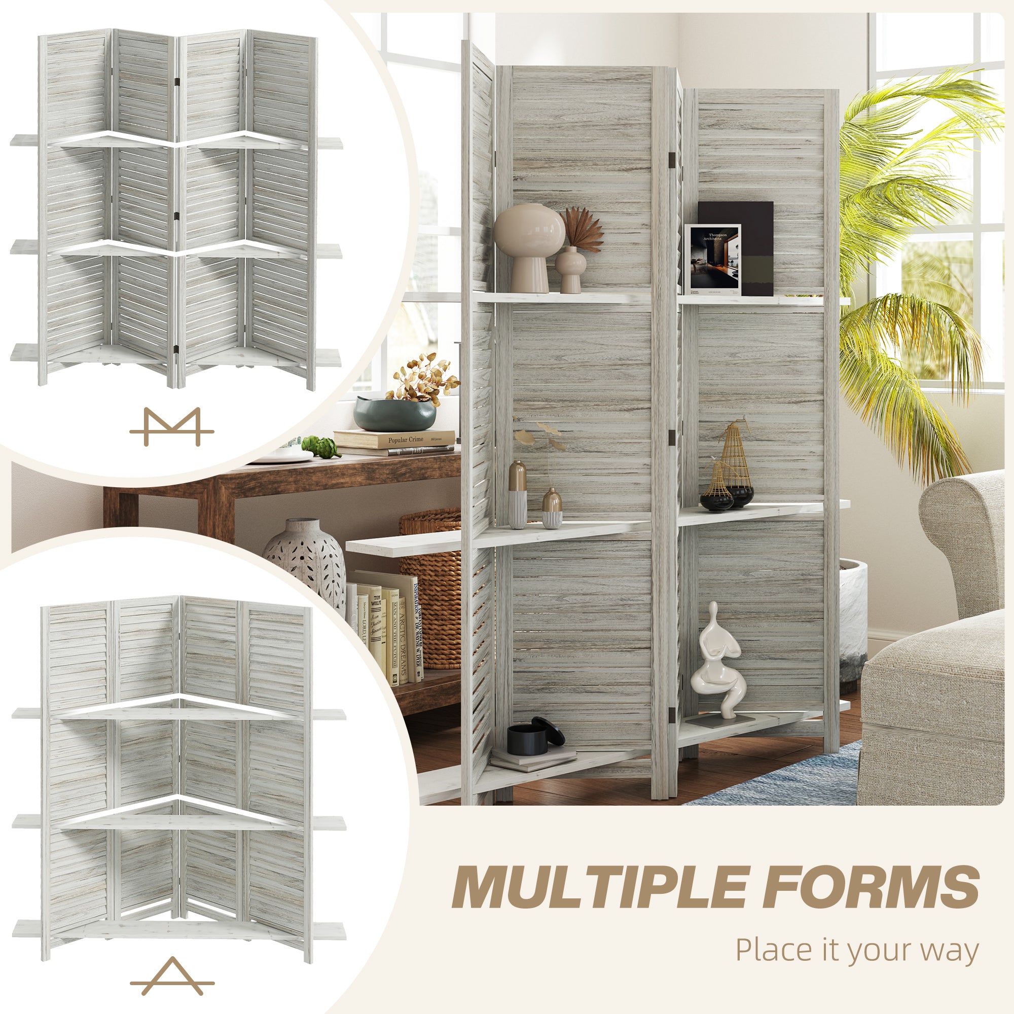 4-Panel Wall Partition Room Separator with 3 Storage Shelves Foldable Design Wooden Frame 5.6FT Distressed White