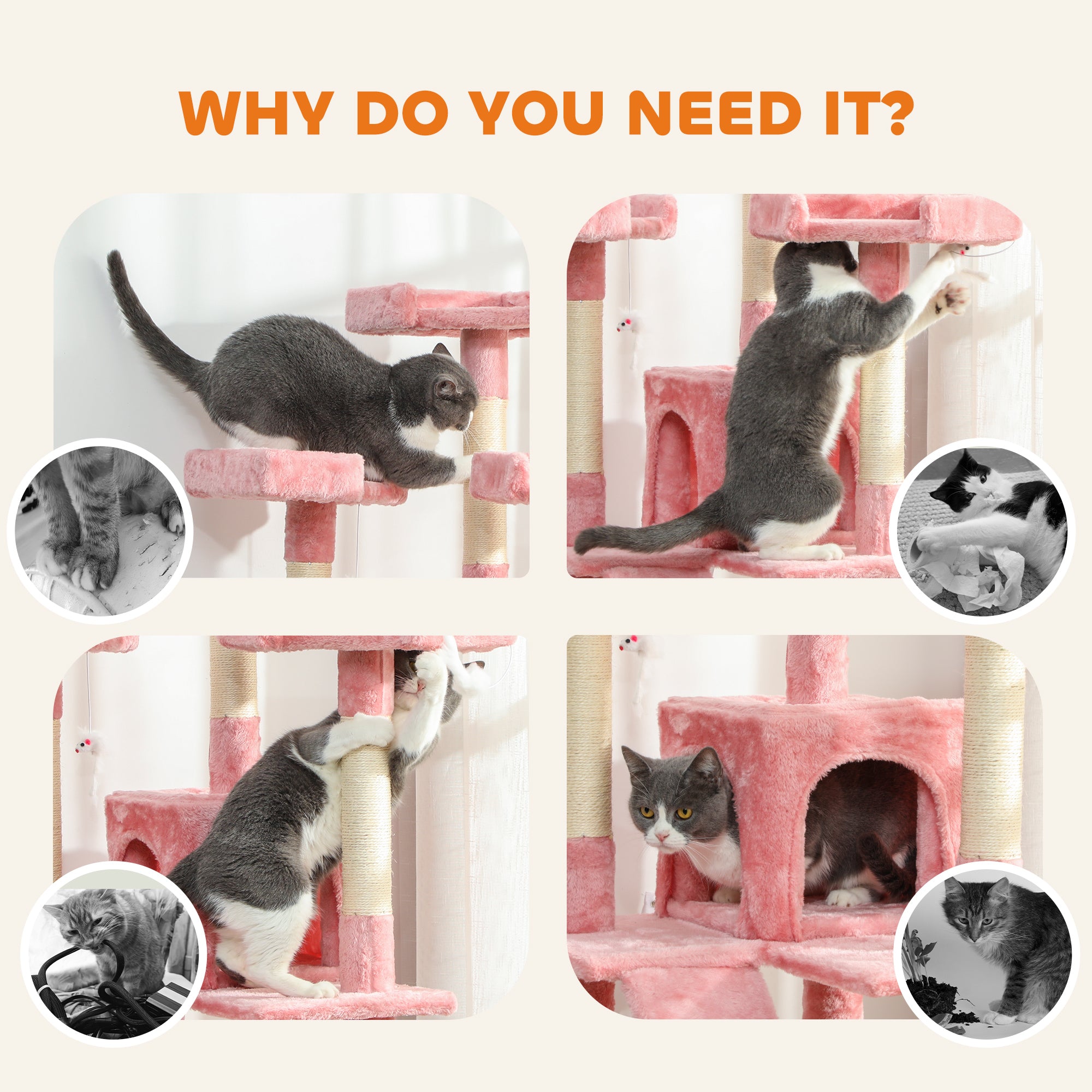 68-inch Multi-Level Cat Scratching Tree Kitty Activity Center Post Tower Condo Pet Furniture w/ Toy Pink
