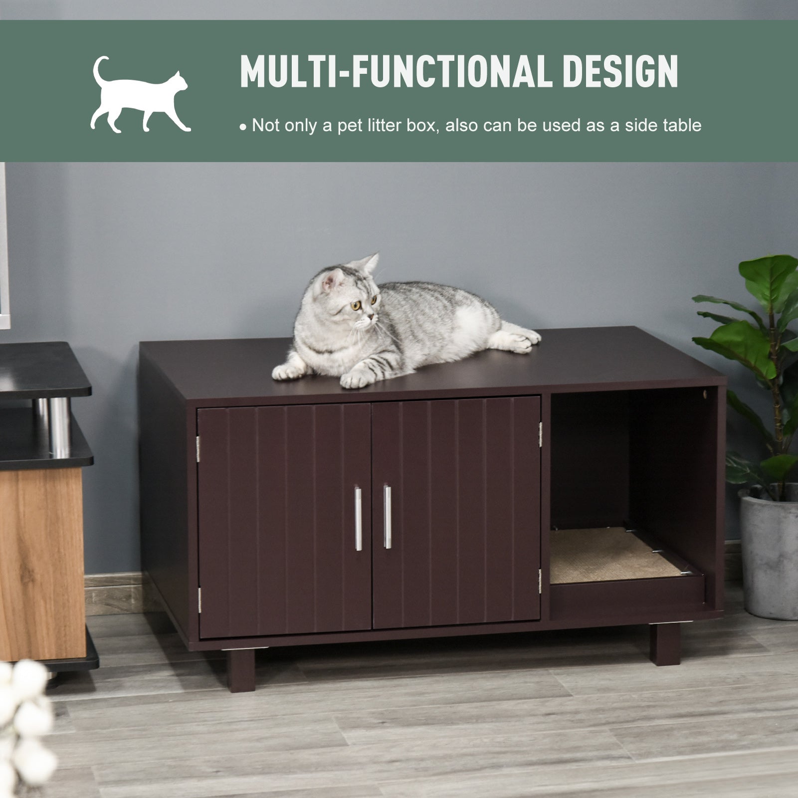 Meuble cache-litière pour chat, meuble à litière dissimulé, maison pour chat et table d’appoint avec espace toilettes et tapis à griffer, pour chats et chatons d’intérieur, 36" x 20.5" x 20", marron