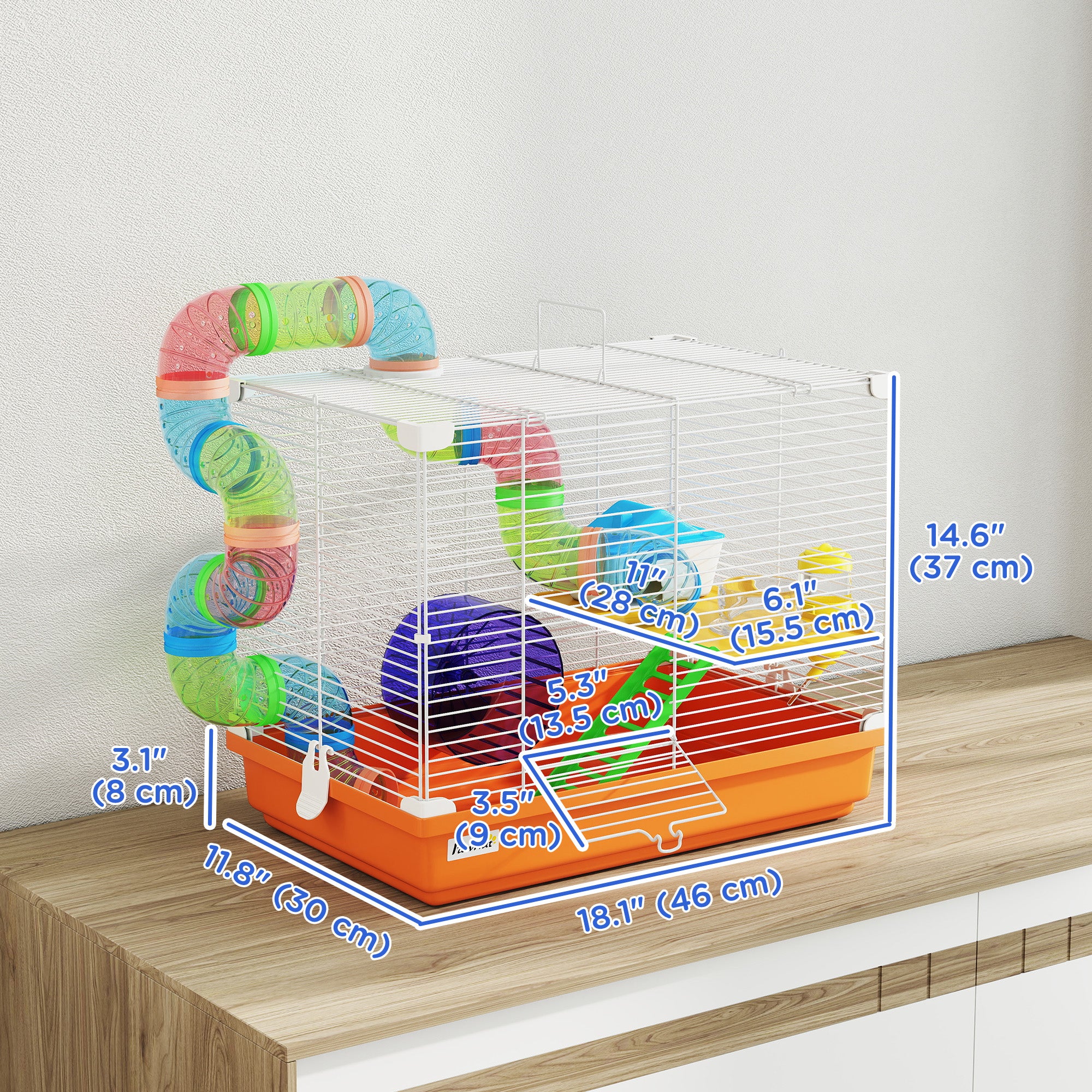 18"L Hamster Cage, Small Animal House, 2-Level Rat Gerbil Haven with Tunnel Tube System, Orange