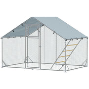 Large Metal Chicken Run with Waterproof & UV-Resistant Cover, Feeding Door, Hanging Feeder, Perch for 6-8 Chickens
