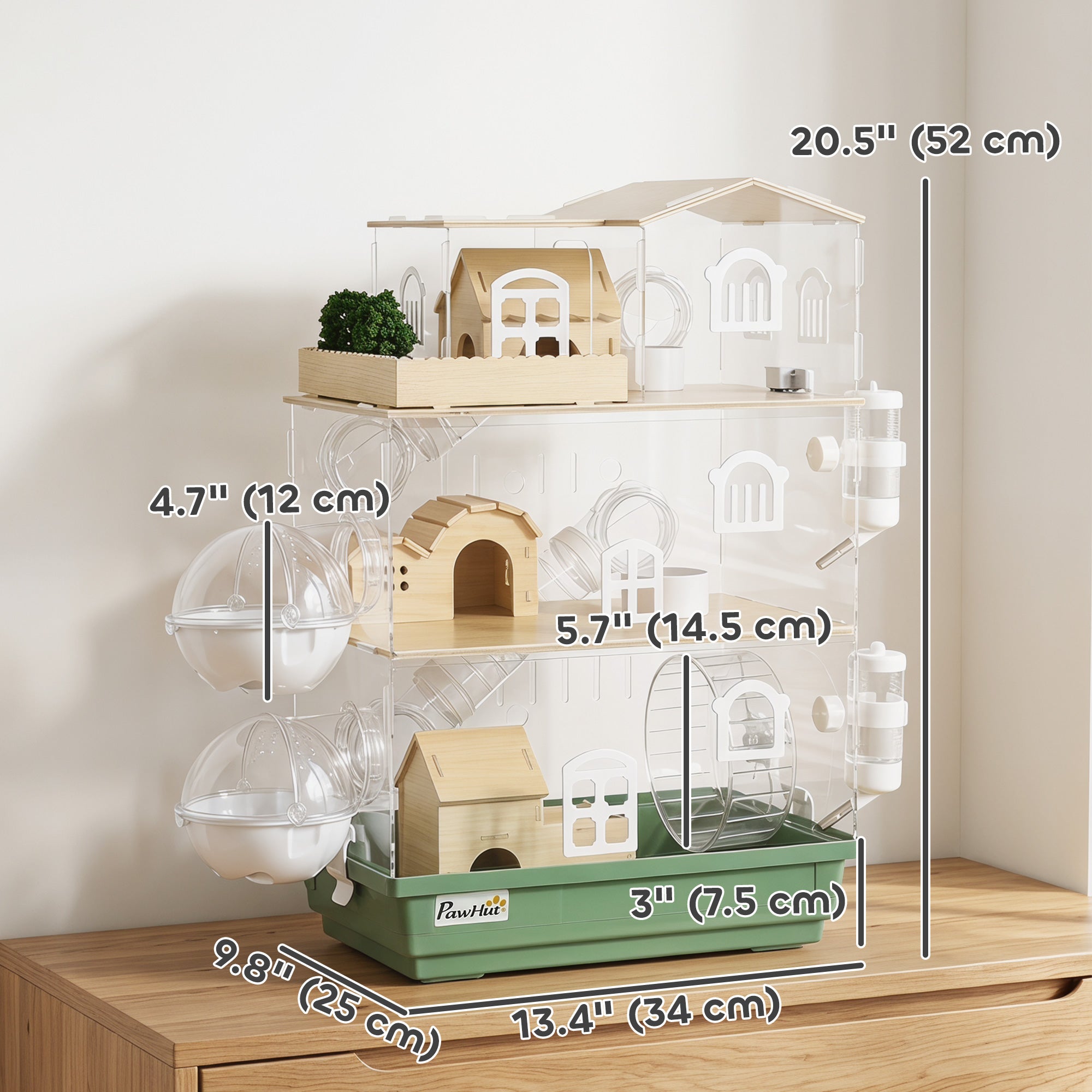 Large Hamster Cage, 3 Tiers Acrylic Hamster Habitat with Water Bottles, Running Wheel for Pet Mice, Dwarf Hamster