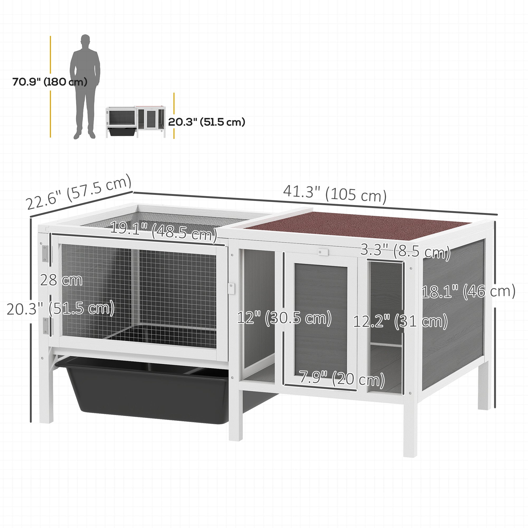 Rabbit Hutch, Wooden Guinea Pig Cage with Run, Openable Top, Pull Out Tray and Ramp, Water-Resistant Roof, Grey-Small Animals-DECOROLALA