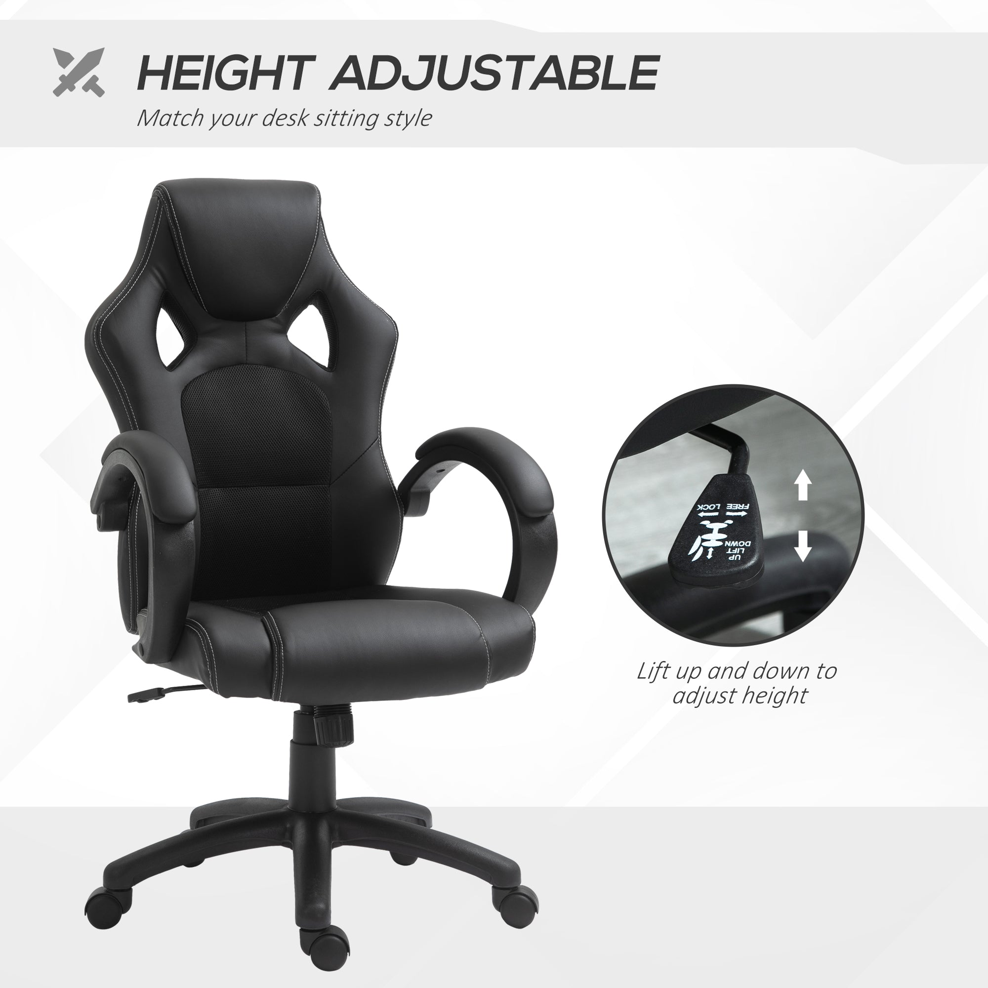 Racing Gaming Chair - Black Faux Leather Ergonomic Office Chair-Office Products > Office Furniture > Office Chairs > Executive & Manager Chairs-DECOROLALA