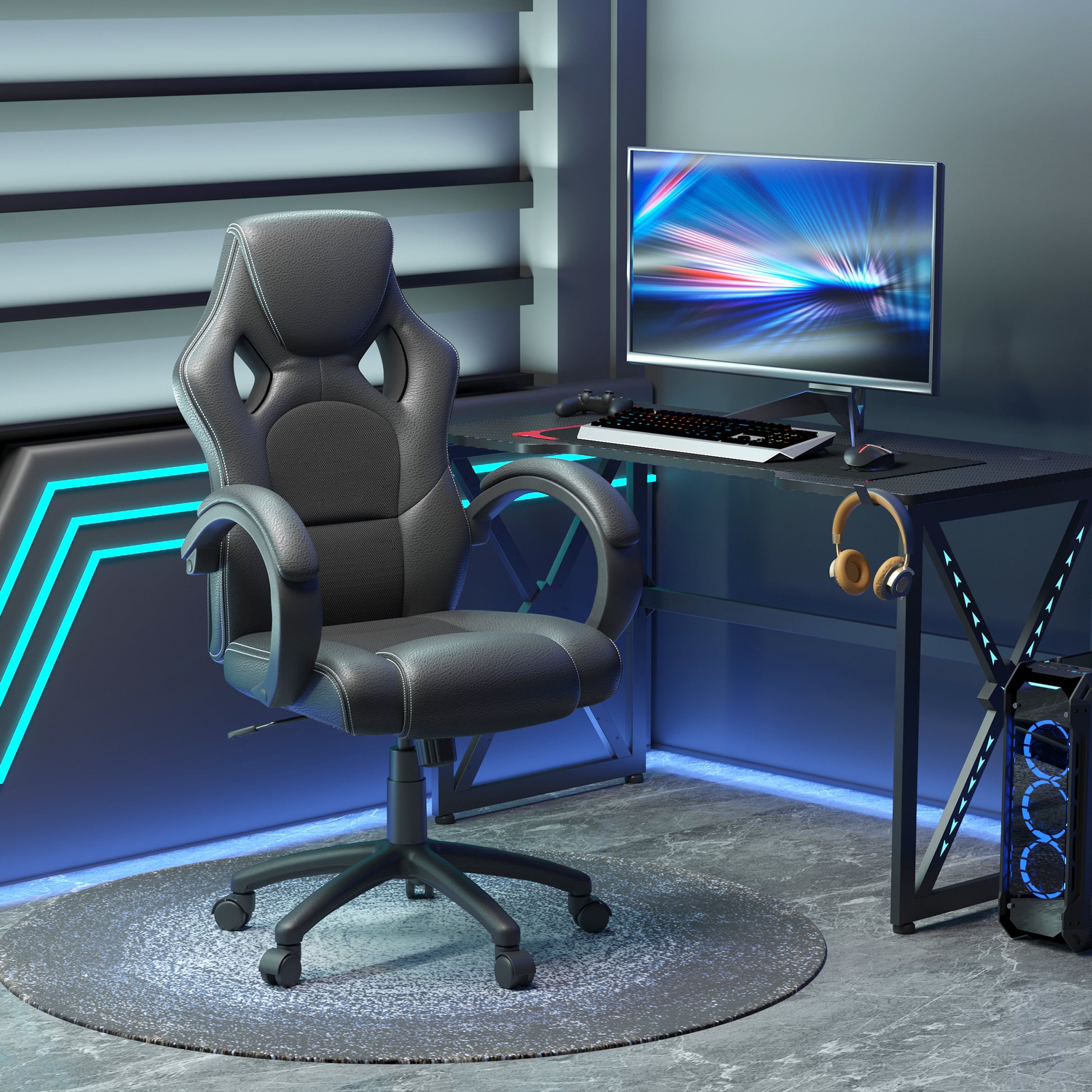 Racing Gaming Chair - Black Faux Leather Ergonomic Office Chair-Office Products > Office Furniture > Office Chairs > Executive & Manager Chairs-DECOROLALA