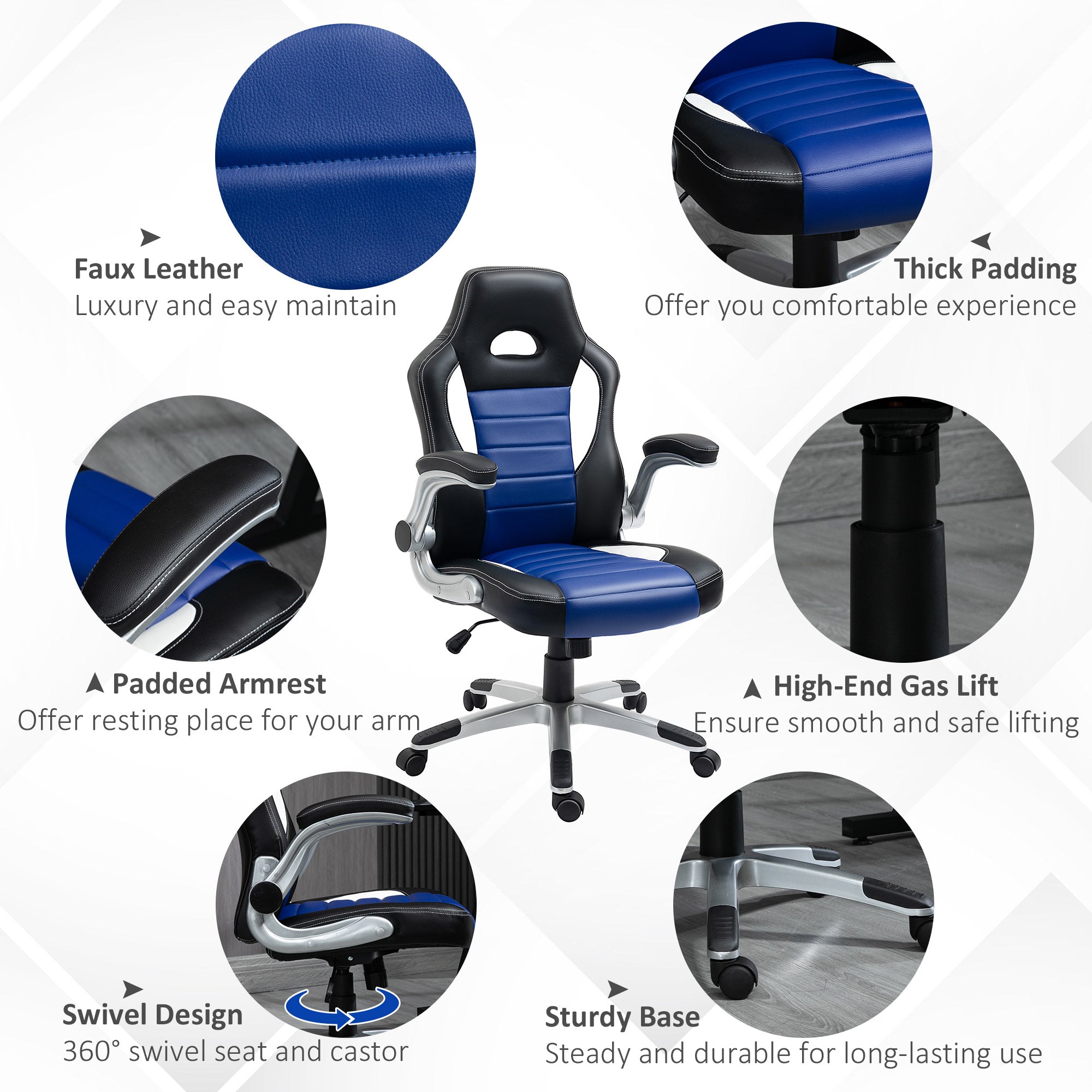 Racing Gaming Chair - Blue PU Leather Executive Office Chair-Office Products > Office Furniture > Office Chairs > Video Game Chairs-DECOROLALA