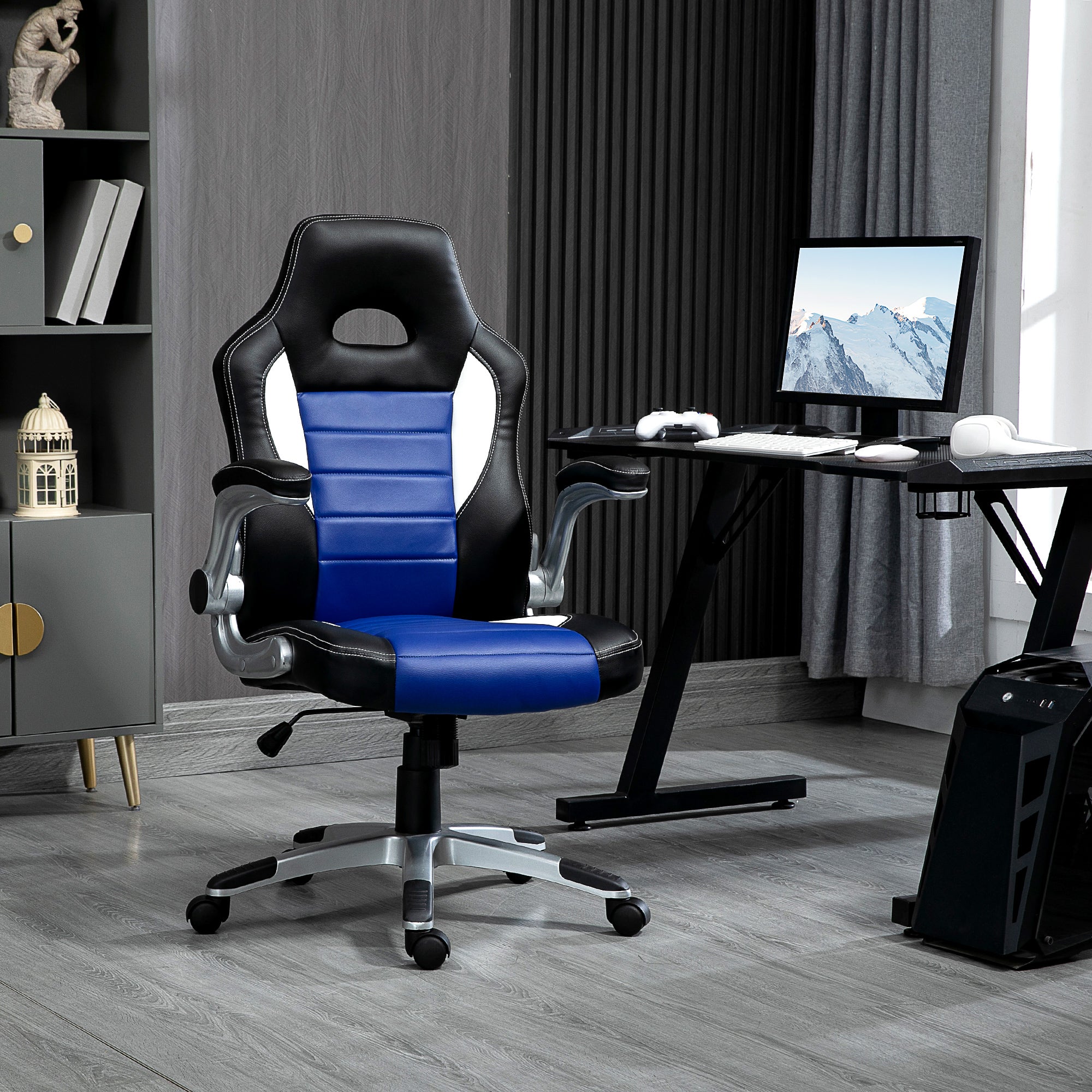 Racing Gaming Chair - Blue PU Leather Executive Office Chair-Office Products > Office Furniture > Office Chairs > Video Game Chairs-DECOROLALA