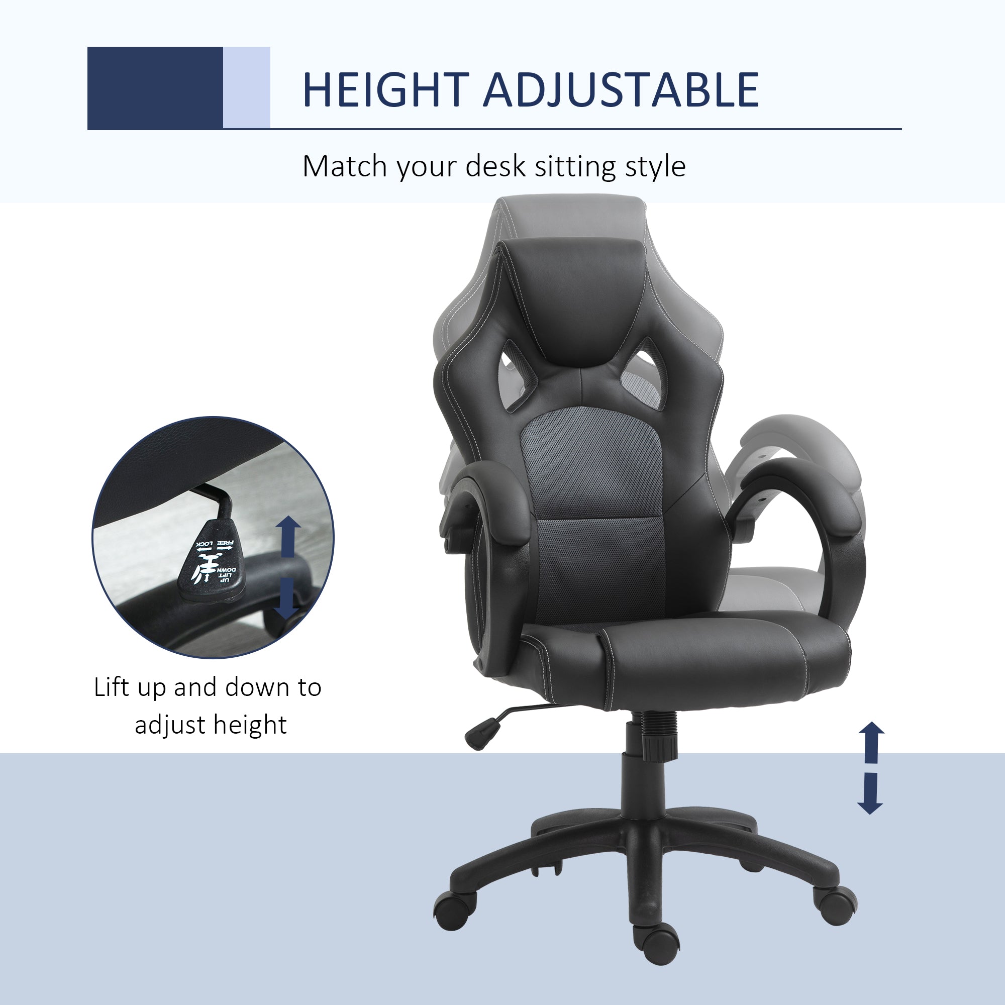 Racing Gaming Chair - Grey Faux Leather Office Chair-Office Products > Office Furniture > Office Chairs > Video Game Chairs-DECOROLALA