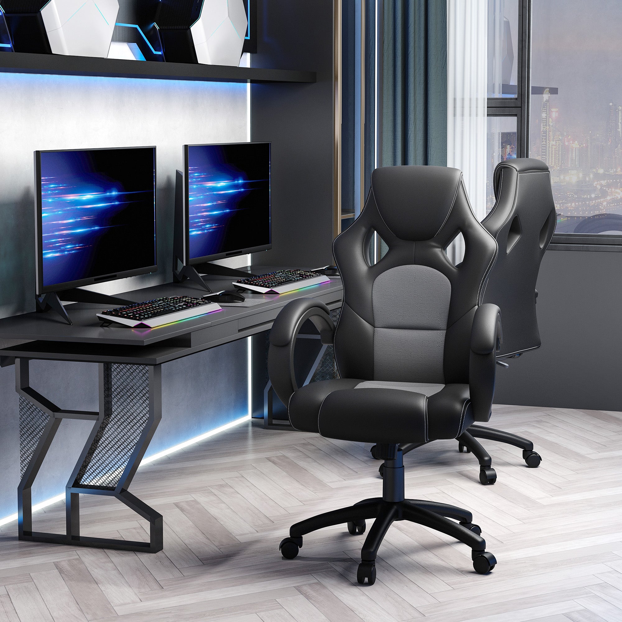 Racing Gaming Chair - Grey Faux Leather Office Chair-Office Products > Office Furniture > Office Chairs > Video Game Chairs-DECOROLALA