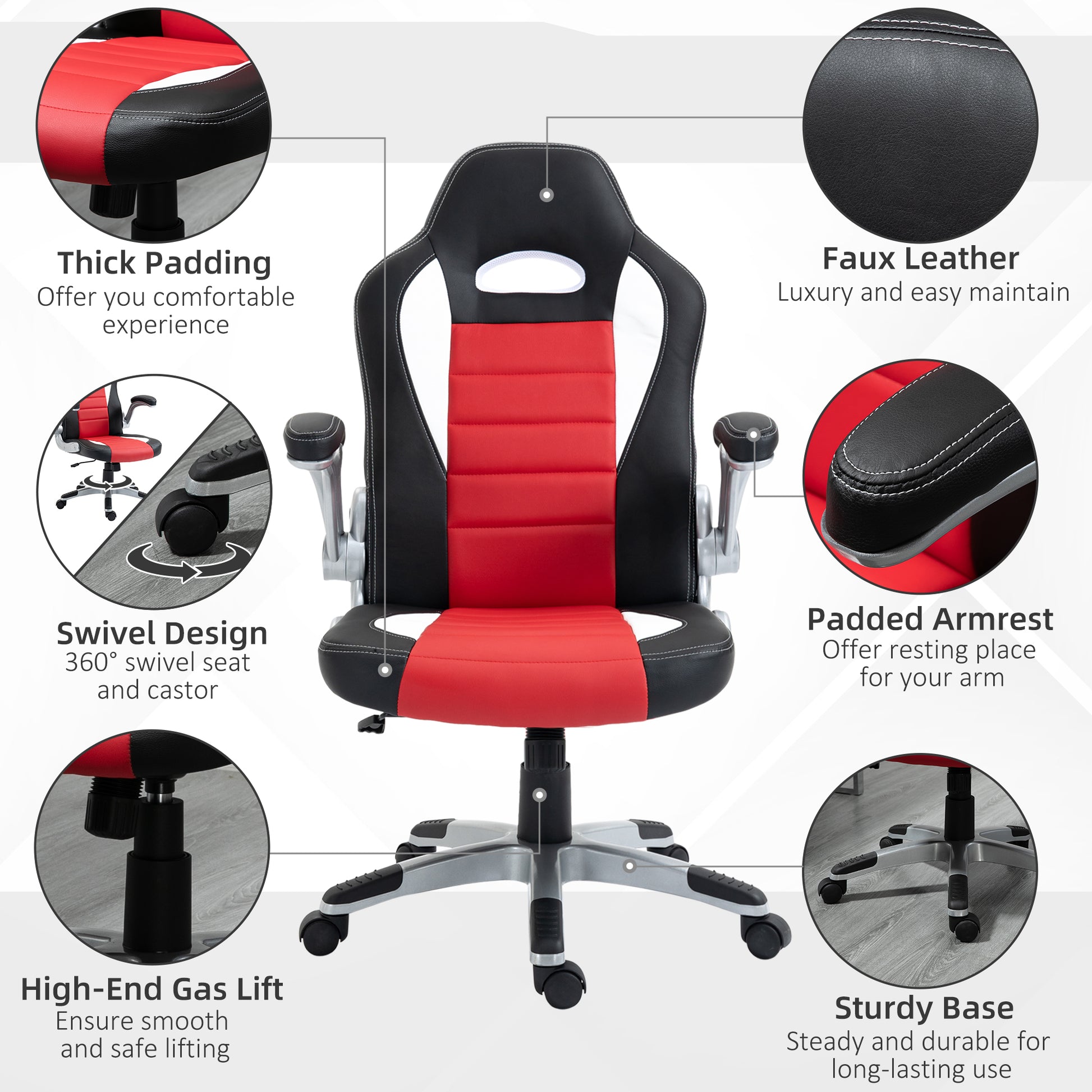 Racing Gaming Chair PU Leather Office Chair Executive Computer Desk Chair with Adjustable Height, Flip Up Armrest, Swivel Wheels, Red-Office Products > Office Furniture > Office Chairs > Video Game Chairs-DECOROLALA