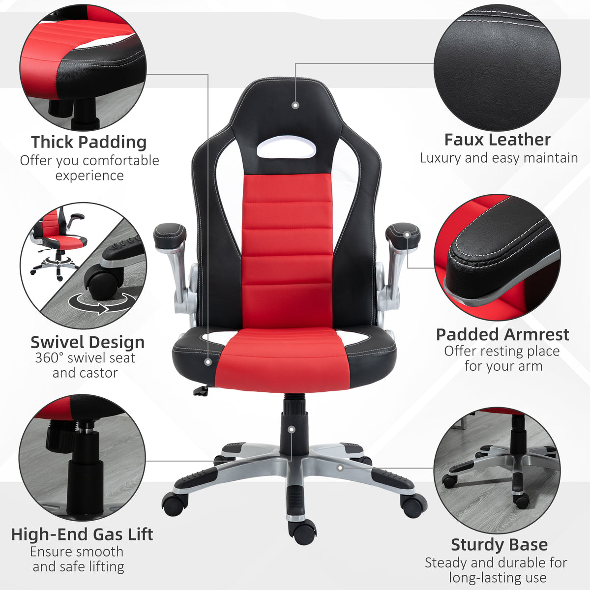 Racing Gaming Chair - Red PU Leather Executive Swivel Chair-Office Products > Office Furniture > Office Chairs > Video Game Chairs-DECOROLALA