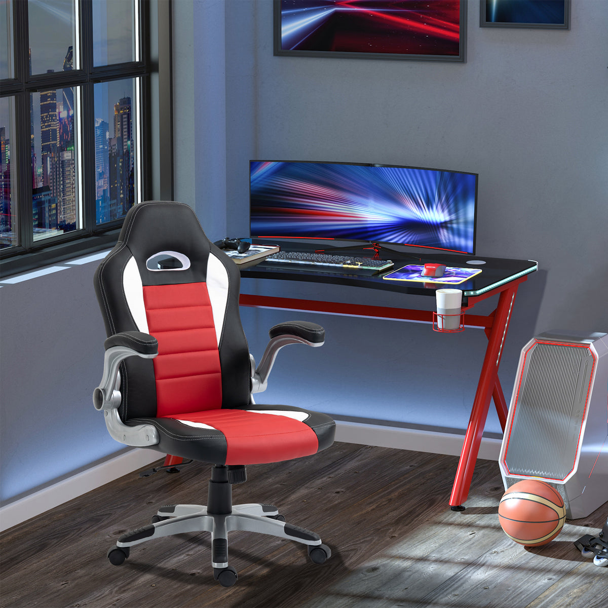 Racing Gaming Chair - Red PU Leather Executive Swivel Chair-Office Products > Office Furniture > Office Chairs > Video Game Chairs-DECOROLALA
