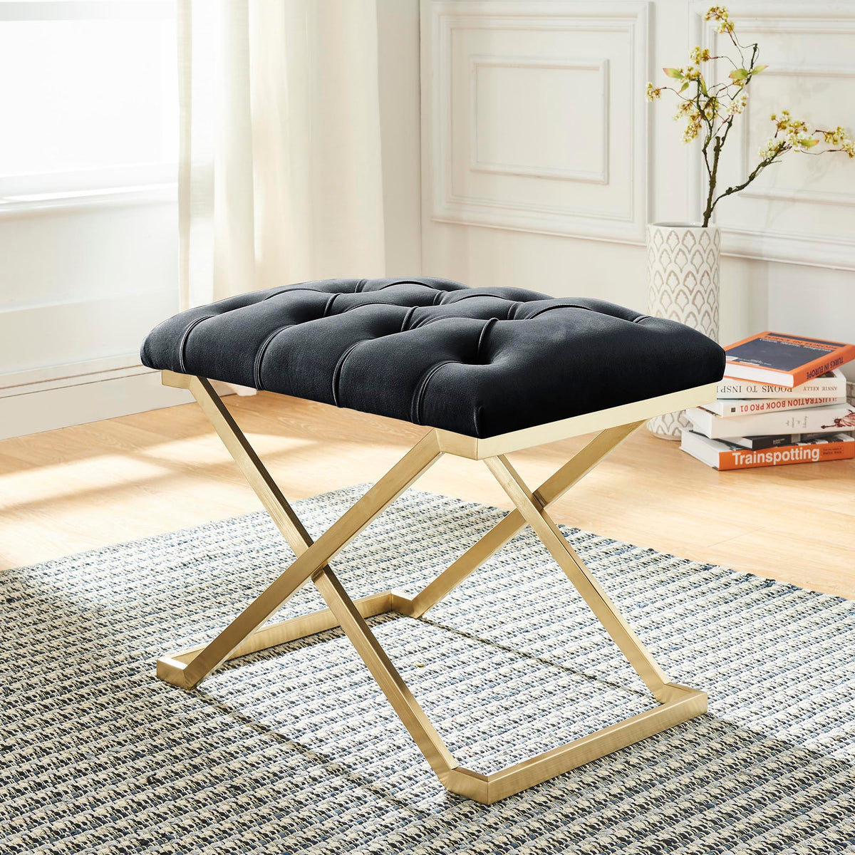 Rada Single Bench - Black and Gold Velvet Accent Seat-Benches-DECOROLALA