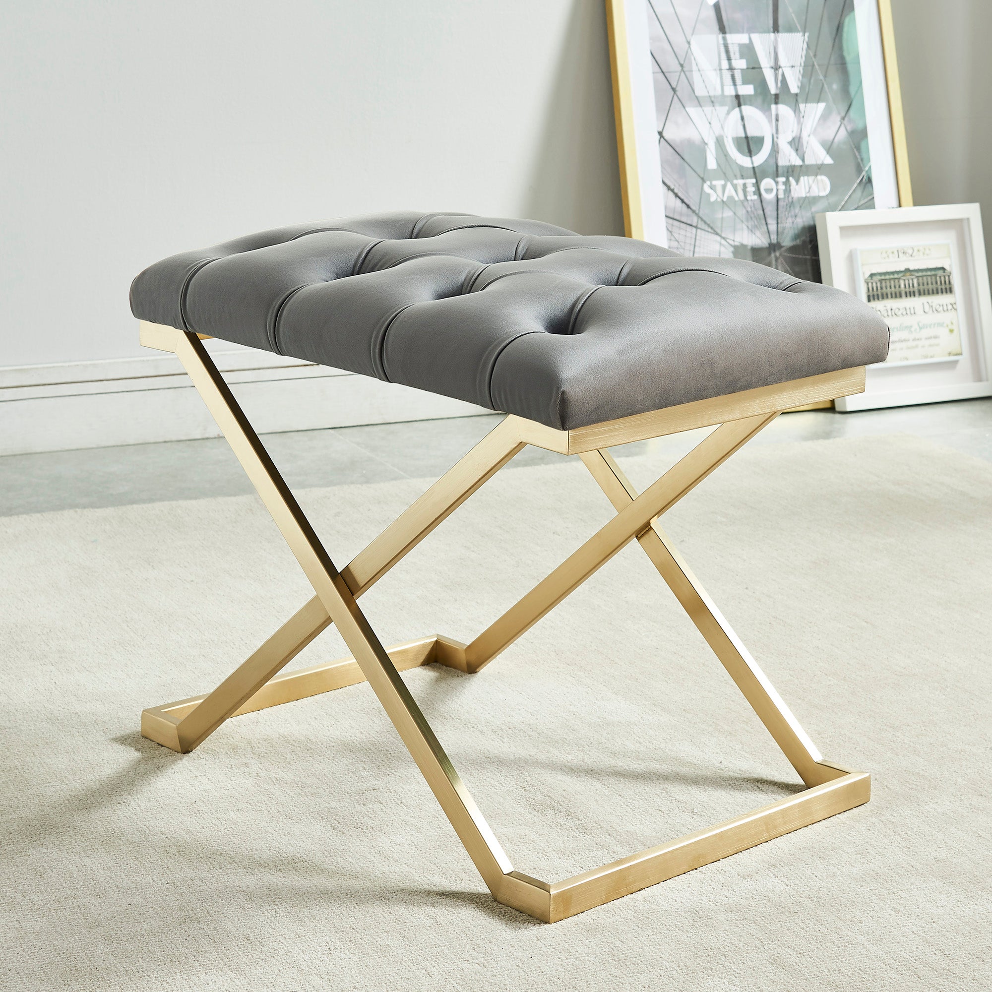 Rada Single Bench - Grey/Gold Luxury Accent Seat-DECOROLALA
