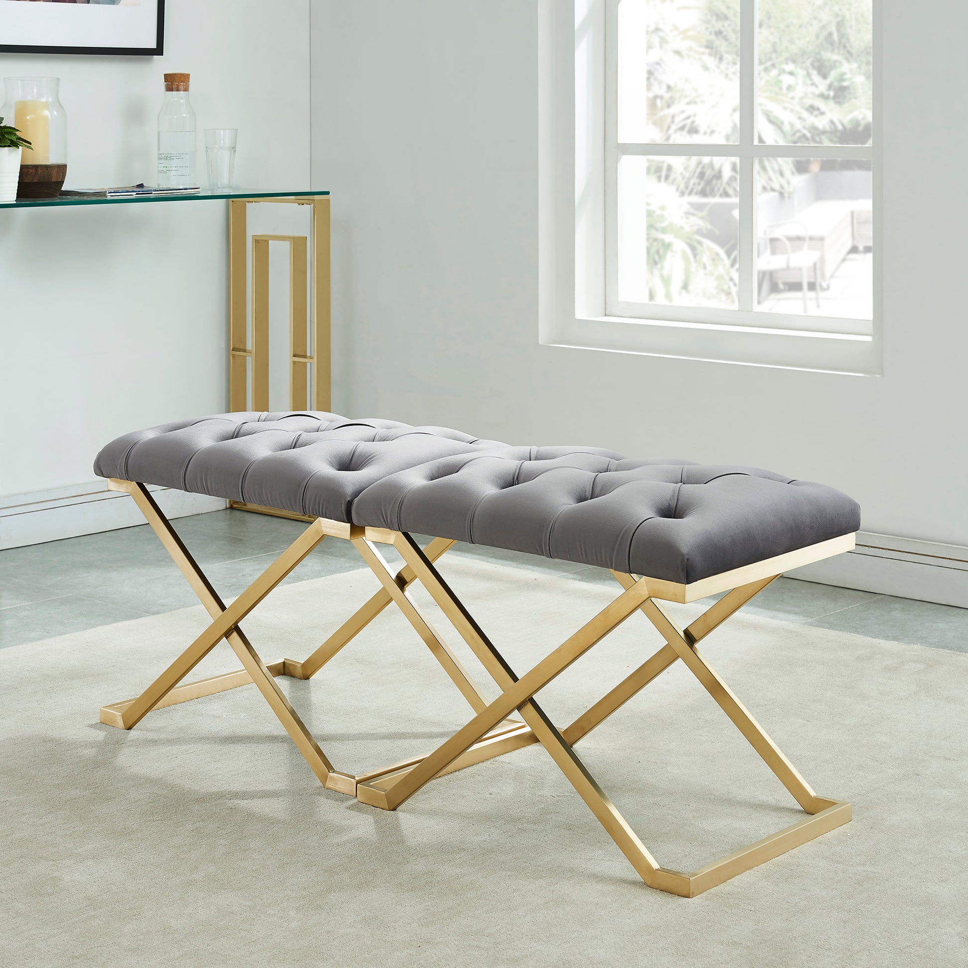 Rada Single Bench - Grey/Gold Luxury Accent Seat-DECOROLALA