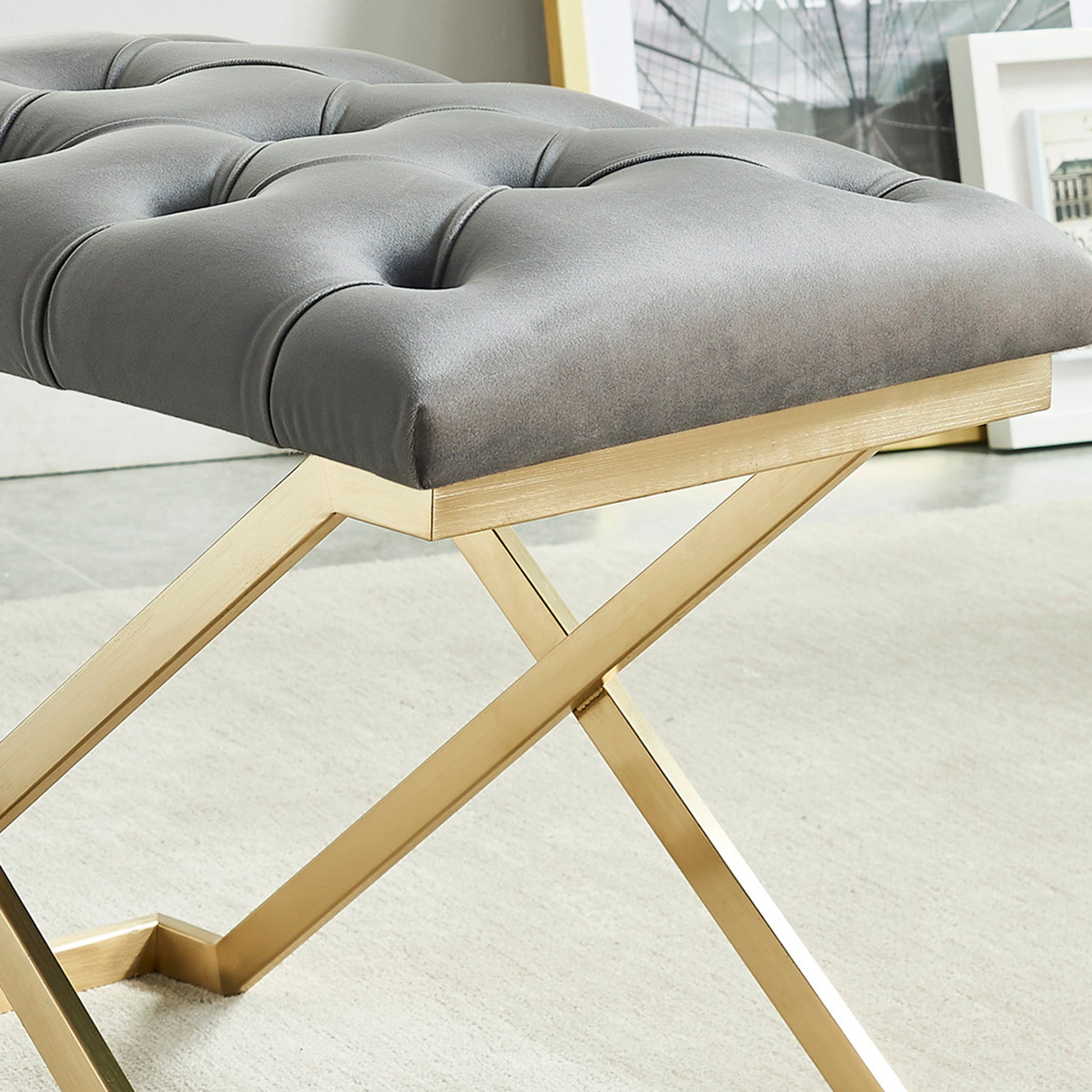 Rada Single Bench - Grey/Gold Luxury Accent Seat-DECOROLALA
