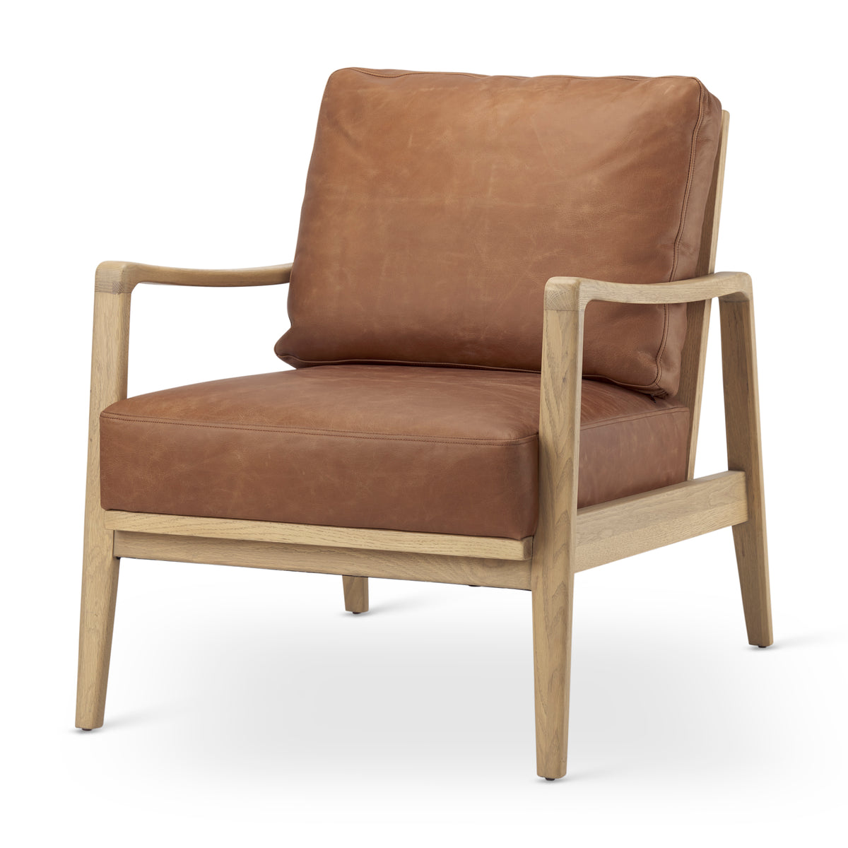 Raeleigh 28.0L x 34.1W x 34.4H Cognac Leather W/ Light Brown Wood Frame Accent Chair-Accent Chairs-DECOROLALA