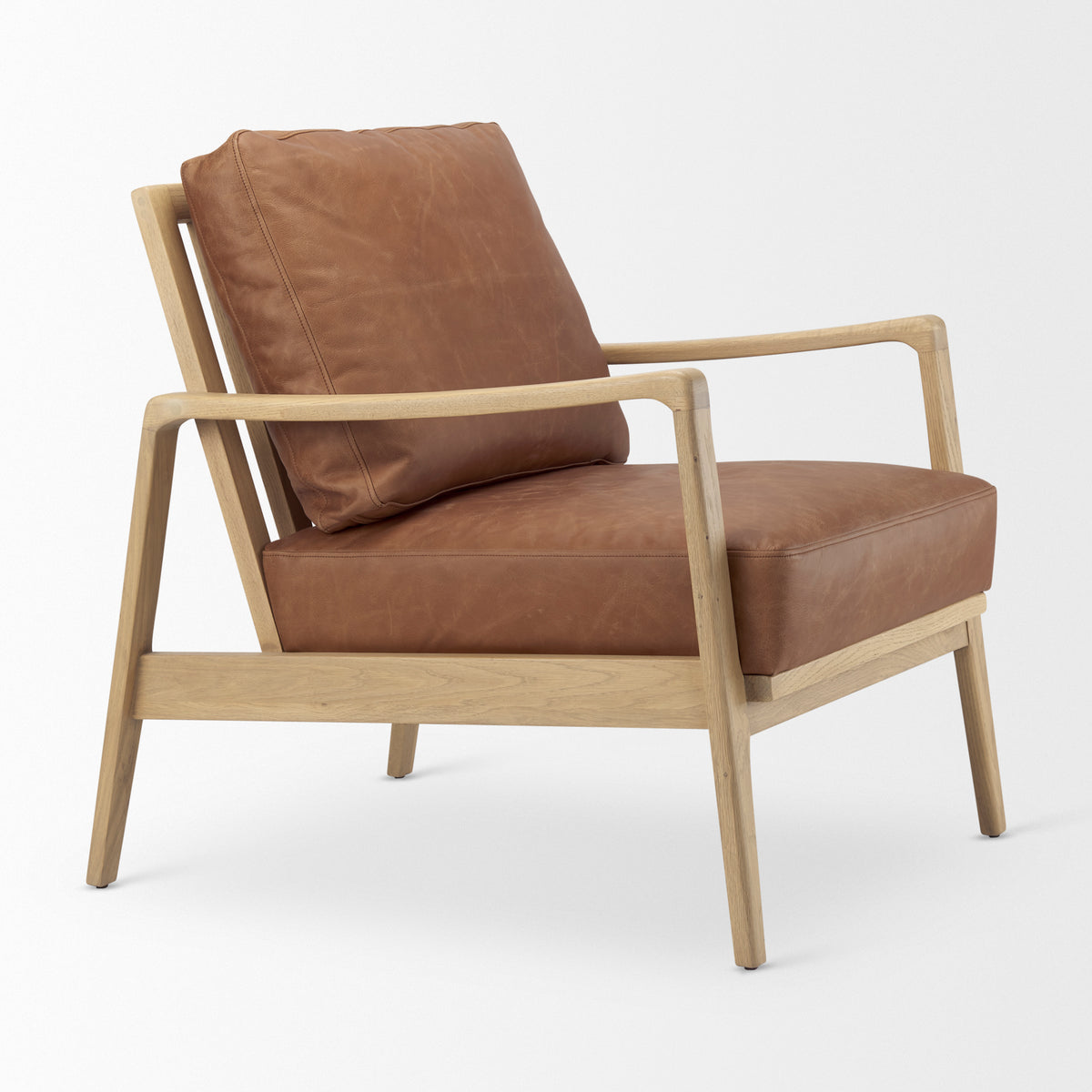 Raeleigh 28.0L x 34.1W x 34.4H Cognac Leather W/ Light Brown Wood Frame Accent Chair-Accent Chairs-DECOROLALA