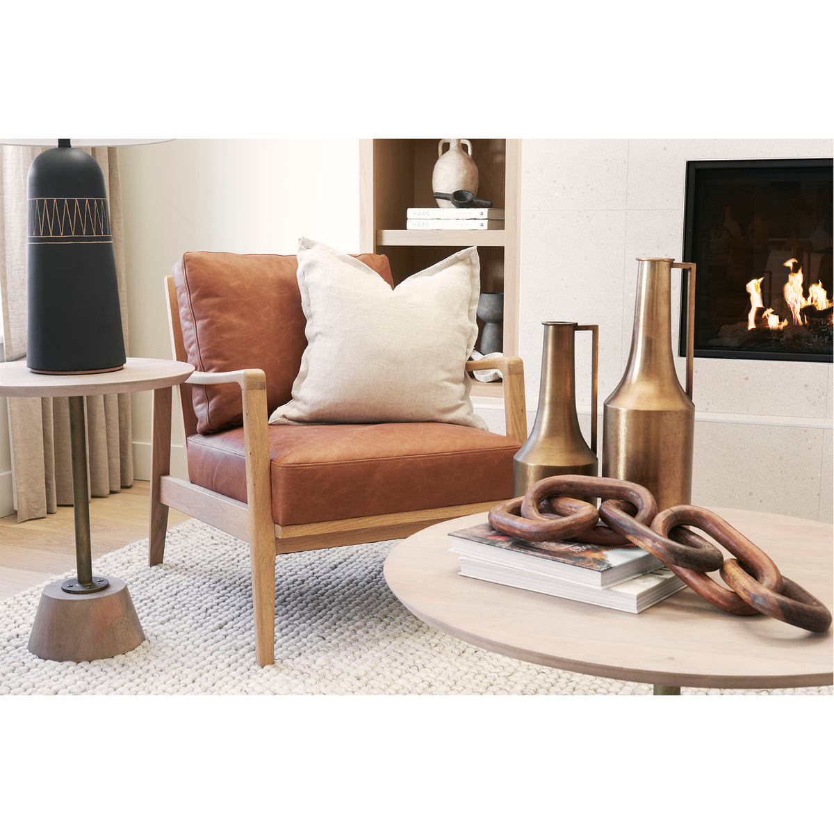 Raeleigh 28.0L x 34.1W x 34.4H Cognac Leather W/ Light Brown Wood Frame Accent Chair-Accent Chairs-DECOROLALA