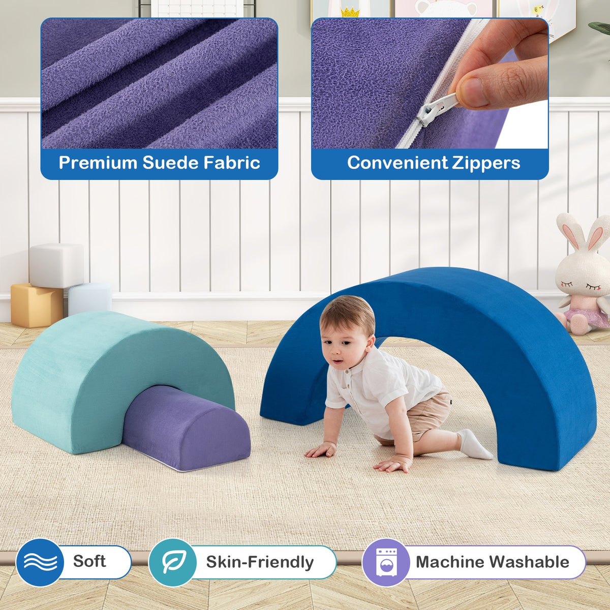 Rainbow Arc Foam Climbing Playset - 3-Piece Suede Play Blocks