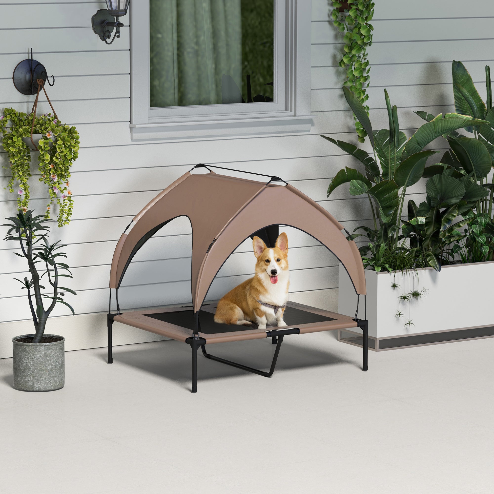Raised Dog Bed with Canopy - Coffee Mesh Cot for Medium Dogs-Dogs-DECOROLALA