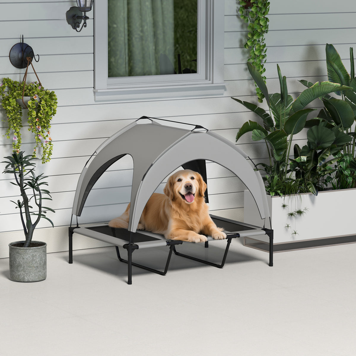 Raised Dog Bed with Canopy - Light Grey Elevated Cooling Cot-Dog Supplies-DECOROLALA