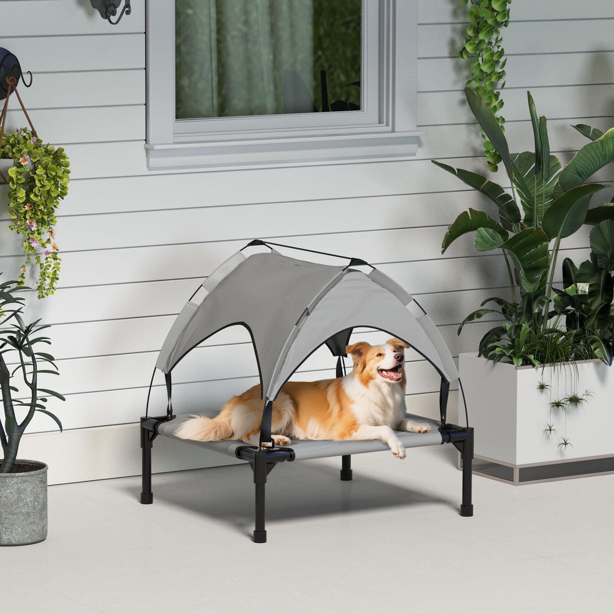 Raised Dog Bed with Canopy - Light Grey Elevated Cooling Cot-Dogs-DECOROLALA