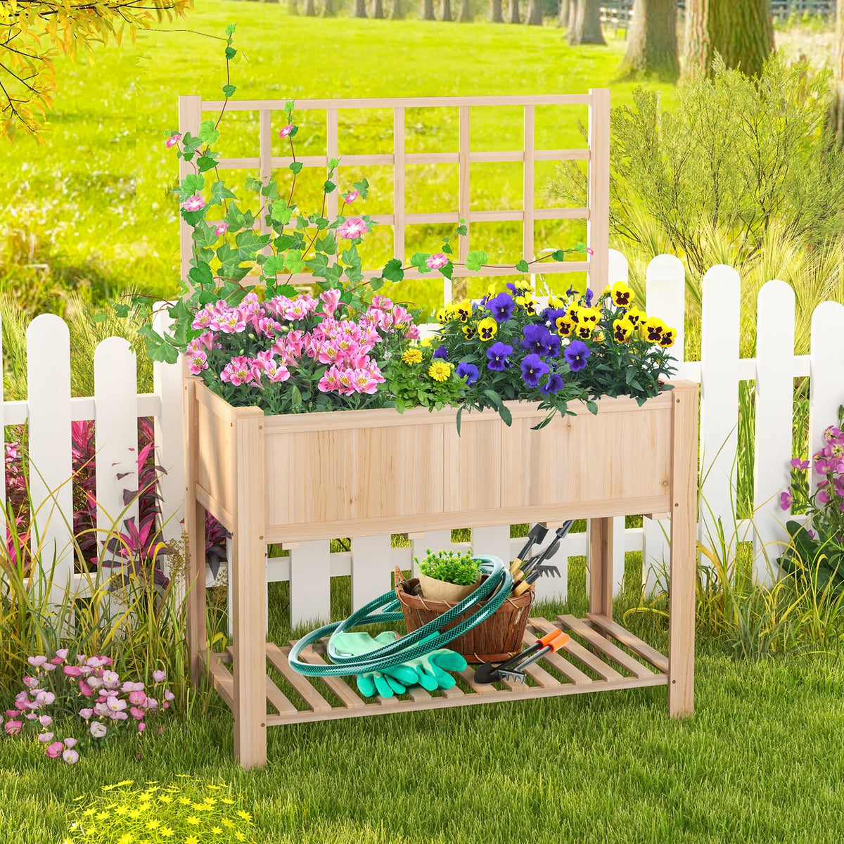 Raised Garden Bed Elevated Wooden Planter Box with Trellis-Raised Garden Beds-DECOROLALA