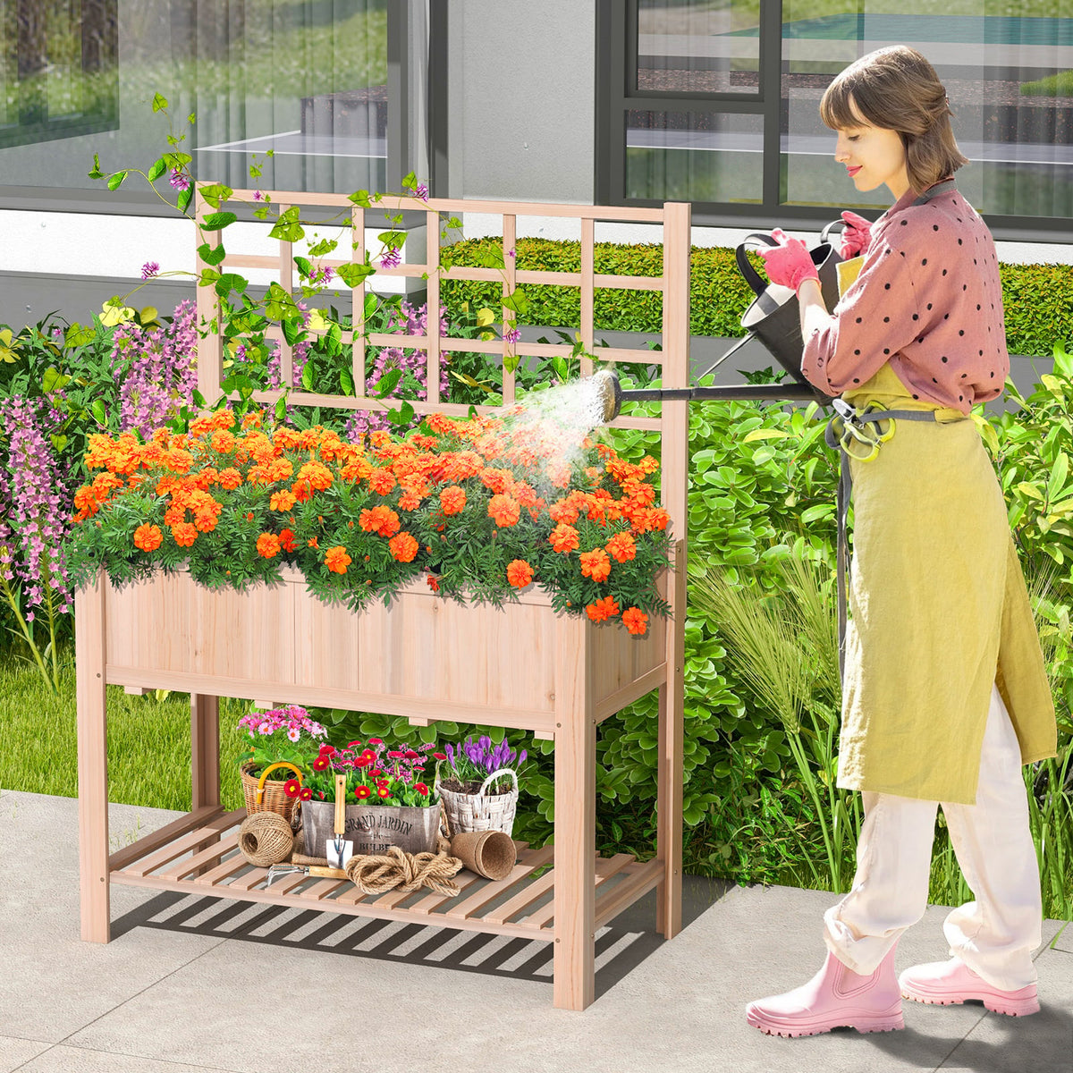 Raised Garden Bed Elevated Wooden Planter Box with Trellis-Raised Garden Beds-DECOROLALA