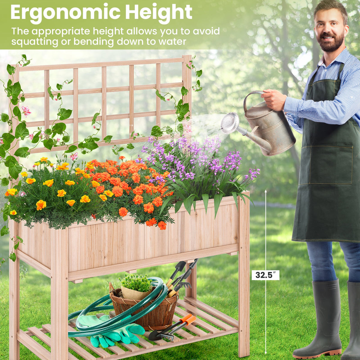 Raised Garden Bed Elevated Wooden Planter Box with Trellis-Raised Garden Beds-DECOROLALA