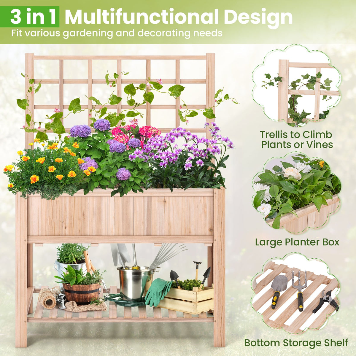 Raised Garden Bed Elevated Wooden Planter Box with Trellis-Raised Garden Beds-DECOROLALA