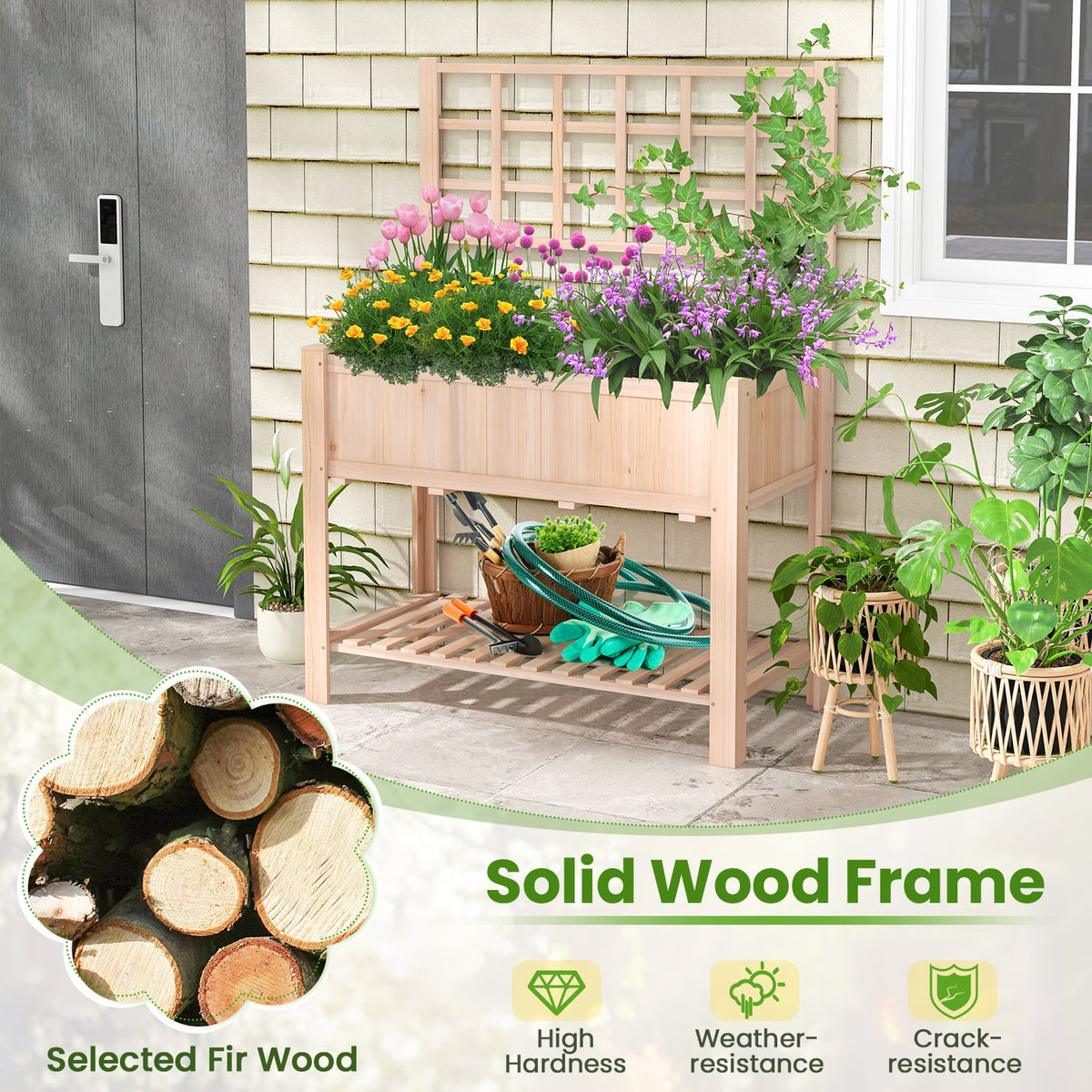 Raised Garden Bed Elevated Wooden Planter Box with Trellis-Raised Garden Beds-DECOROLALA