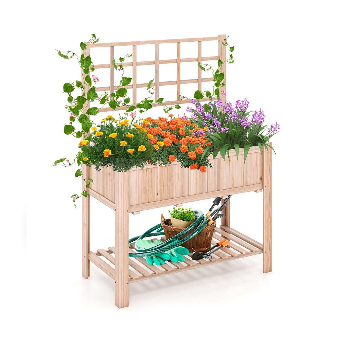 Raised Garden Bed Elevated Wooden Planter Box with Trellis-Raised Garden Beds-DECOROLALA
