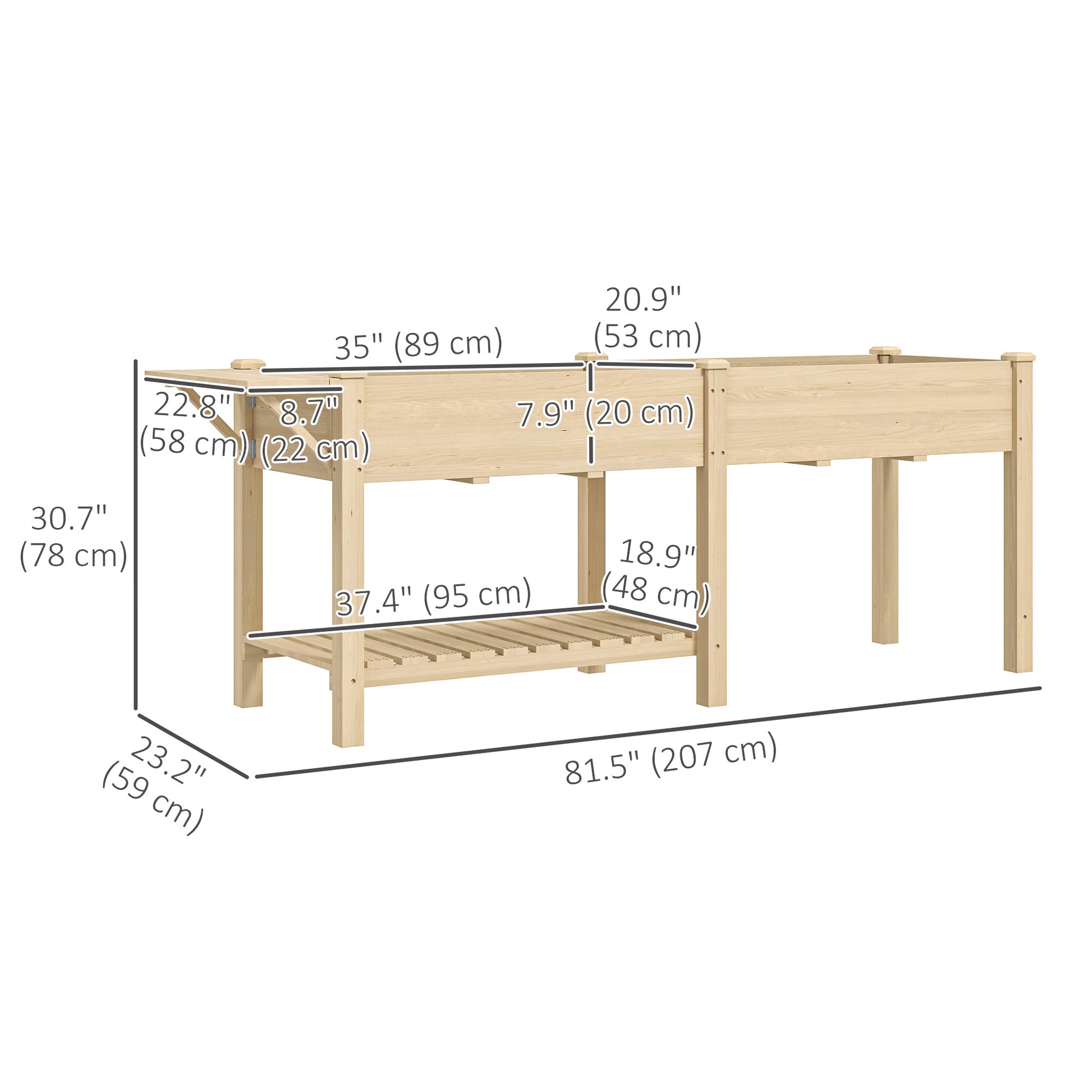 Raised Garden Bed - Fir Wood Planter with Side Table Natural-DECOROLALA
