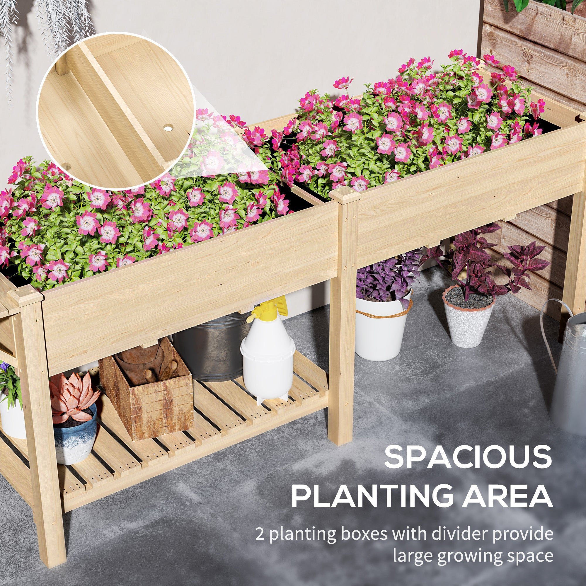Raised Garden Bed - Fir Wood Planter with Side Table Natural-DECOROLALA