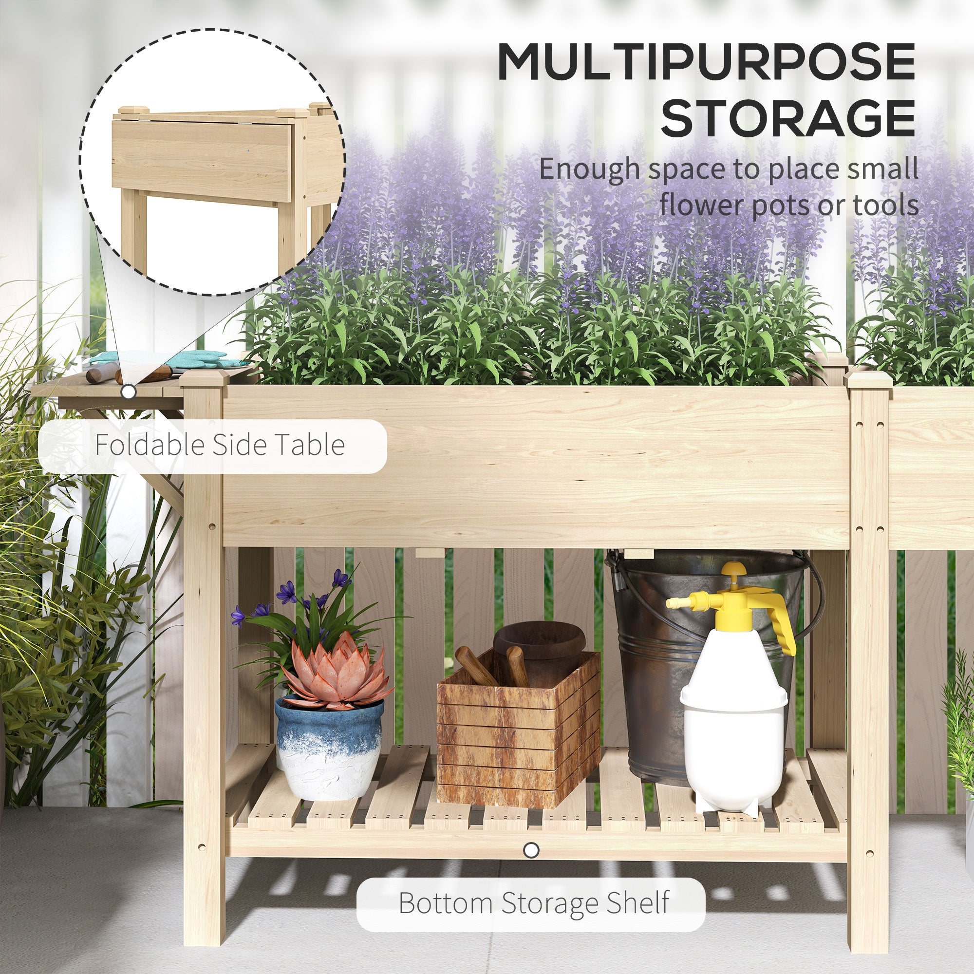Raised Garden Bed - Fir Wood Planter with Side Table Natural-DECOROLALA