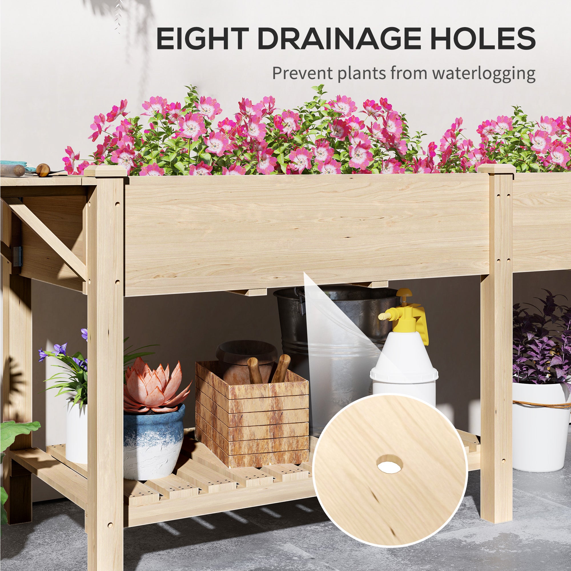 Raised Garden Bed - Fir Wood Planter with Side Table Natural-DECOROLALA