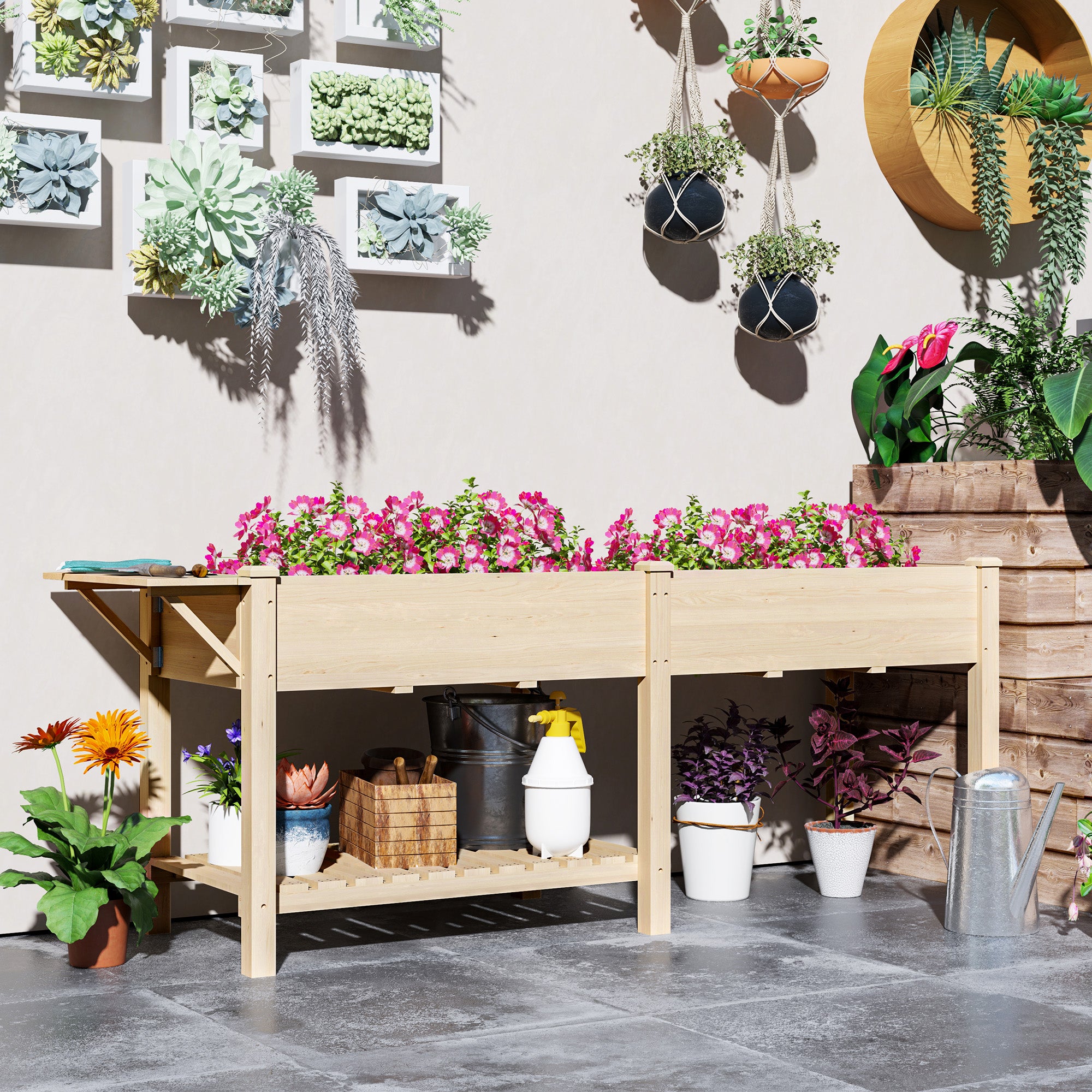 Raised Garden Bed - Fir Wood Planter with Side Table Natural-DECOROLALA