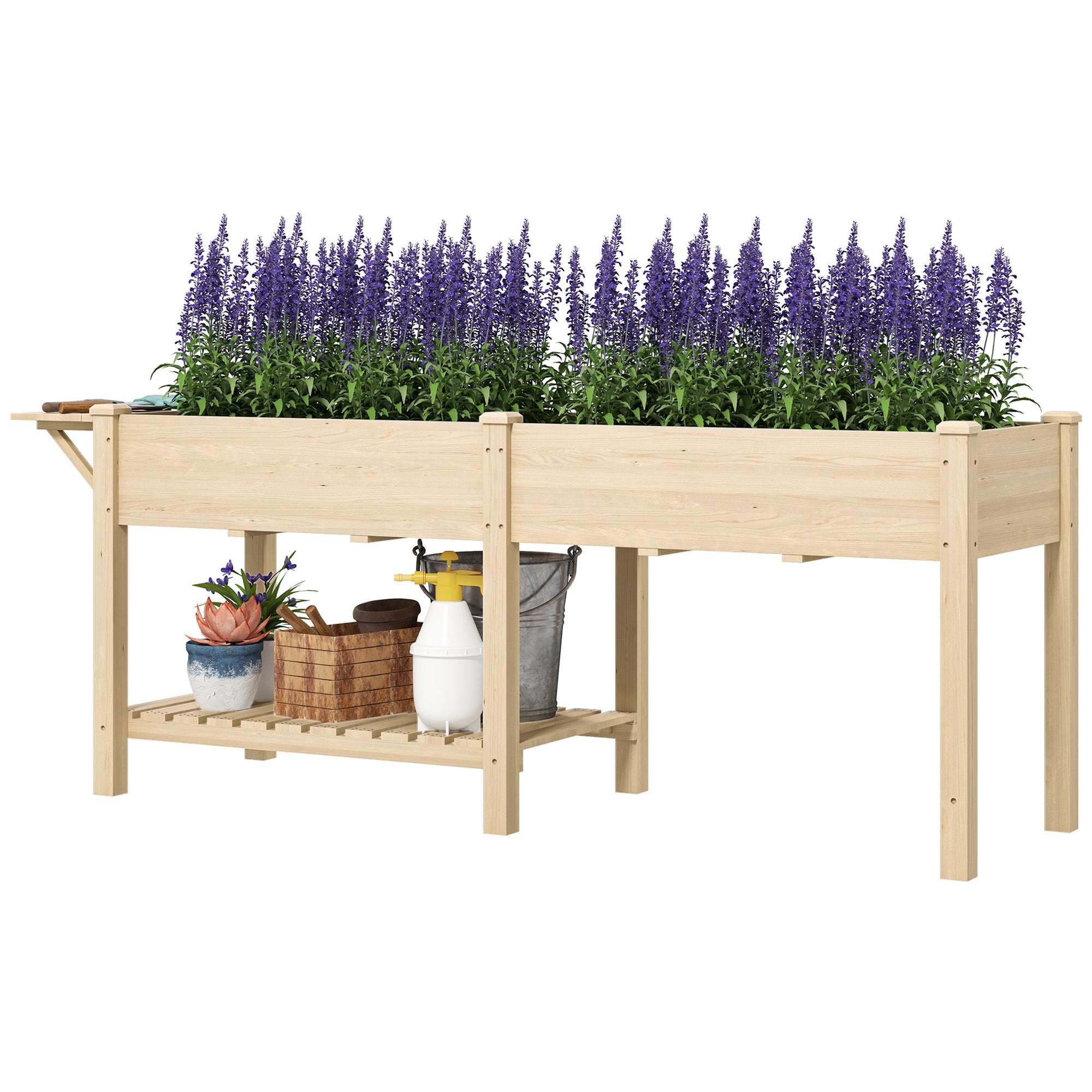 Raised Garden Bed - Fir Wood Planter with Side Table Natural-DECOROLALA