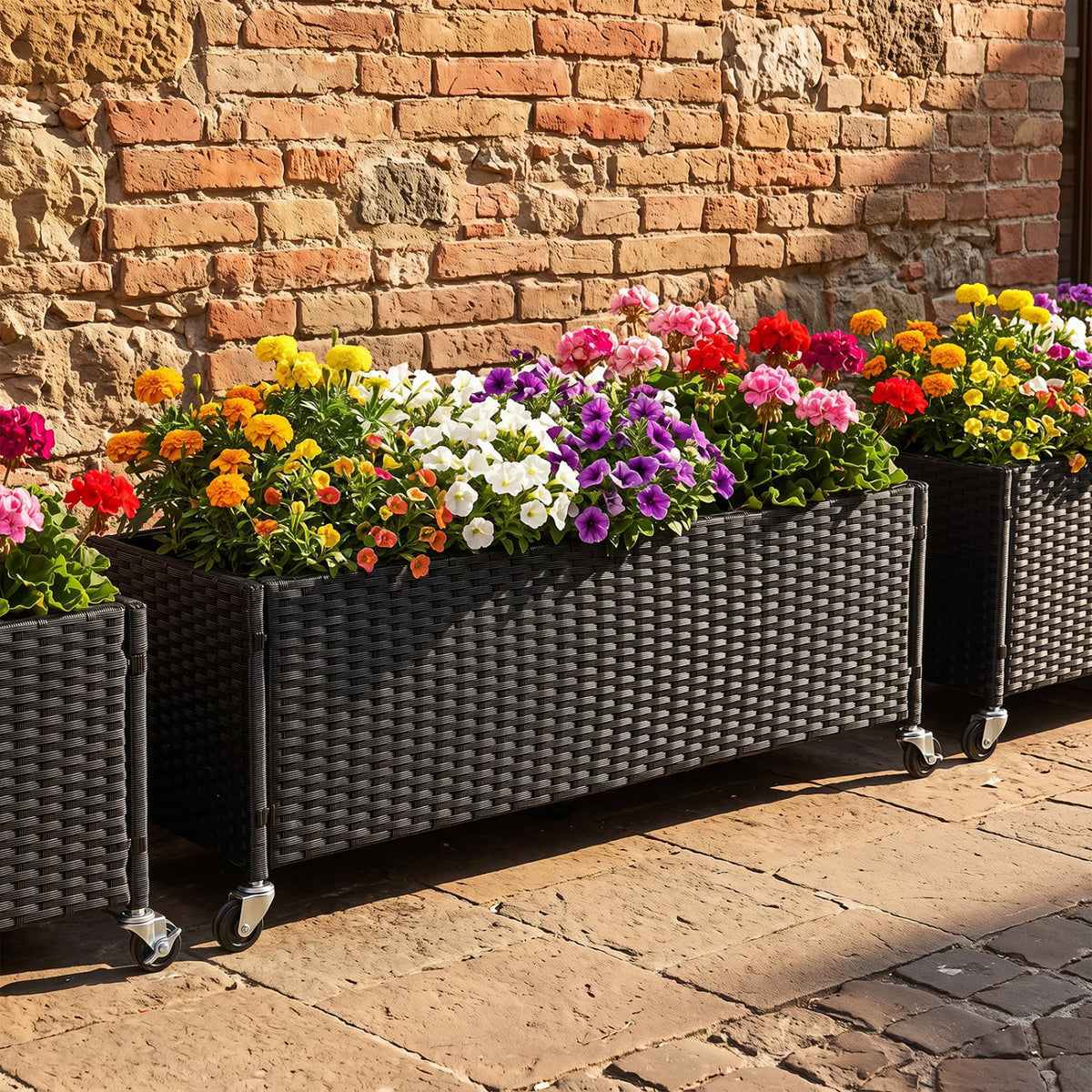 Raised Garden Bed PE Rattan Wicker Patio Planter Box with Liner and Wheels-Raised Garden Beds-DECOROLALA